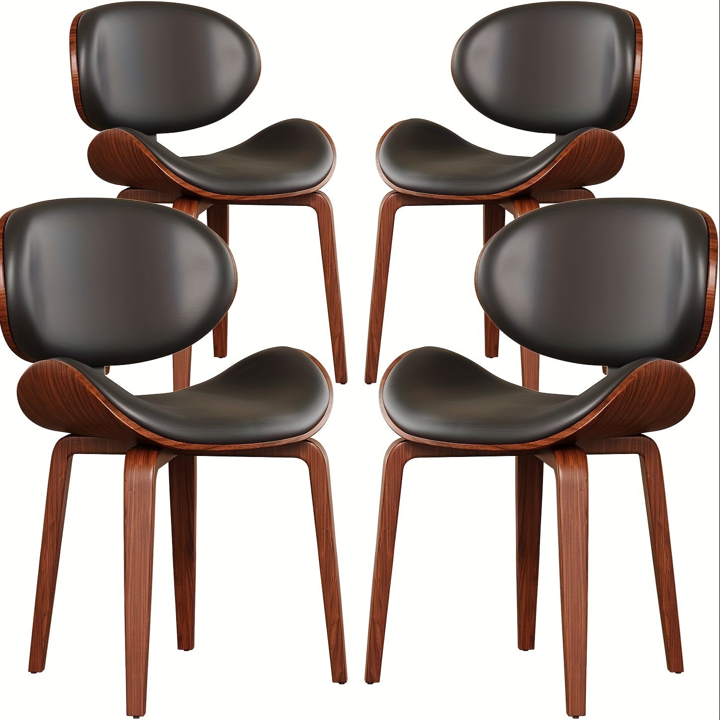 Set Of 4 Mid-Century Modern Dining Chairs Faux Leather Seats With Walnut Bentwood Backs And Adjustable Solid Wood Legs