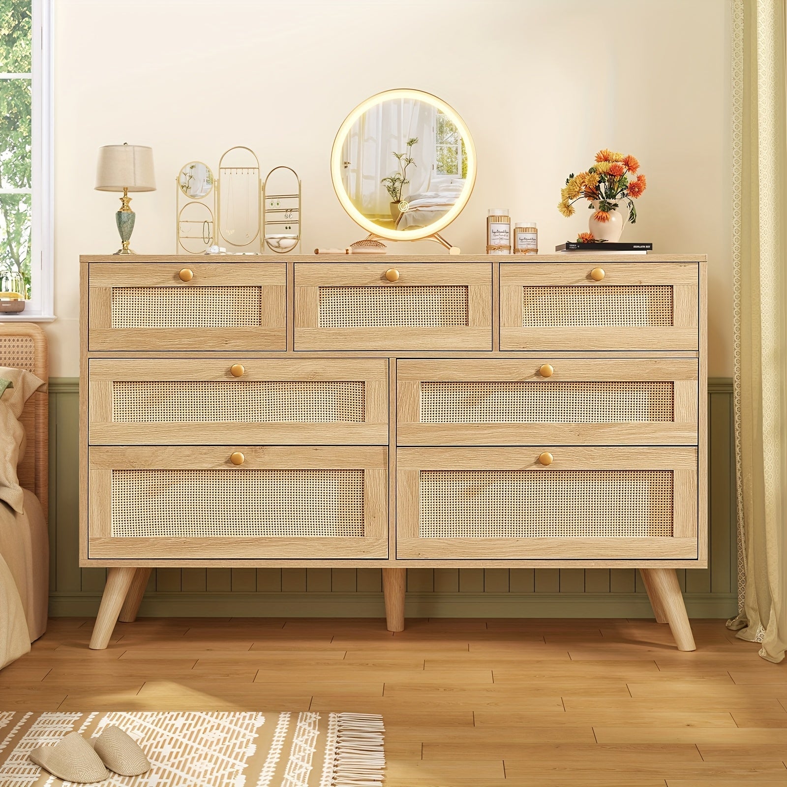 Boho Chic 7-Drawer Rattan Dresser - Versatile Storage for Bedroom, Living Room, or Entryway - Natural Finish, Jewelry Armoires