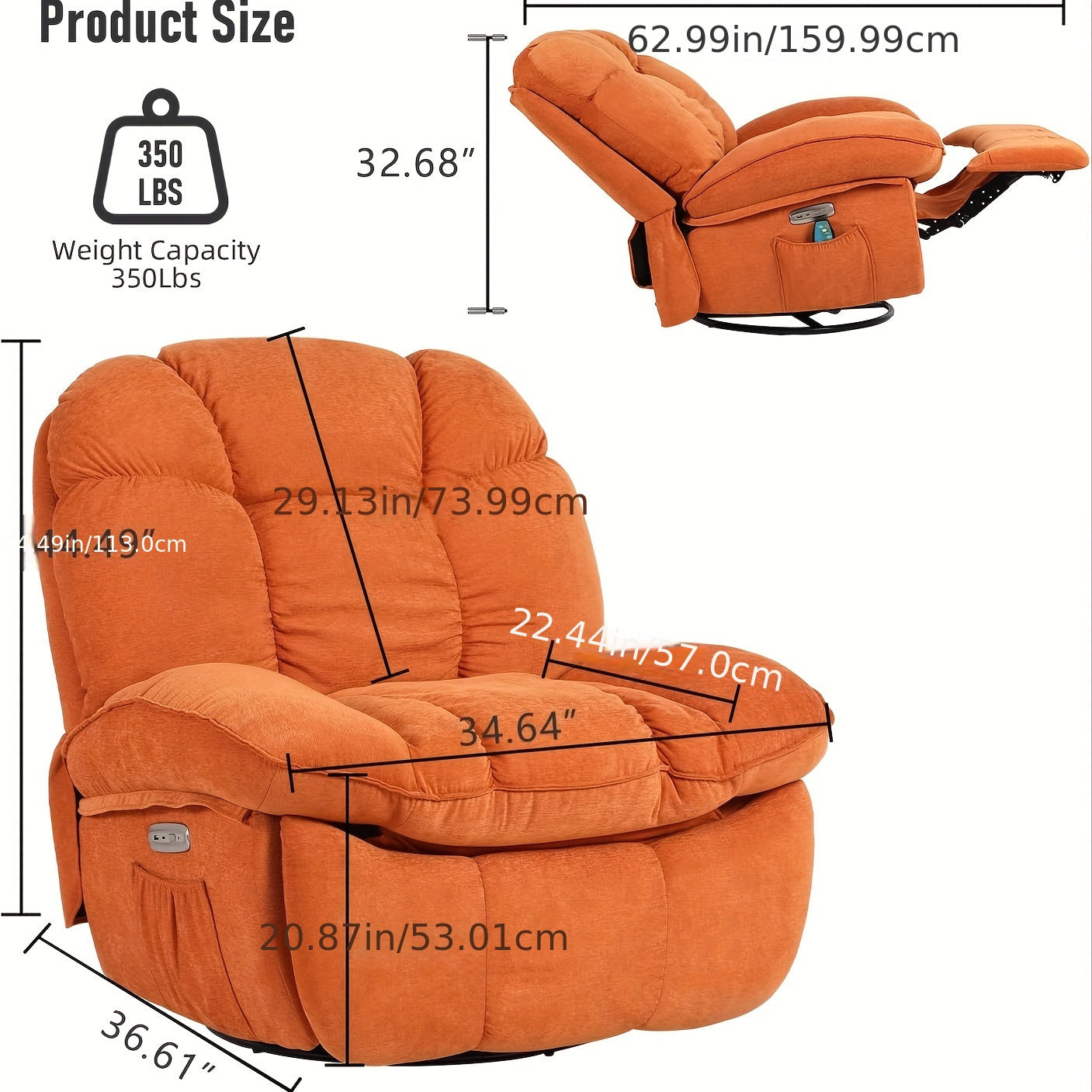 Luxury Overstuffed Swivel Recliner Chair with Vibration Massage & Heating - Modern Single Sofa Glider, Soft Fabric, Metal Frame for Living Room - Available in Orange-Red, White, Green, DYHOME