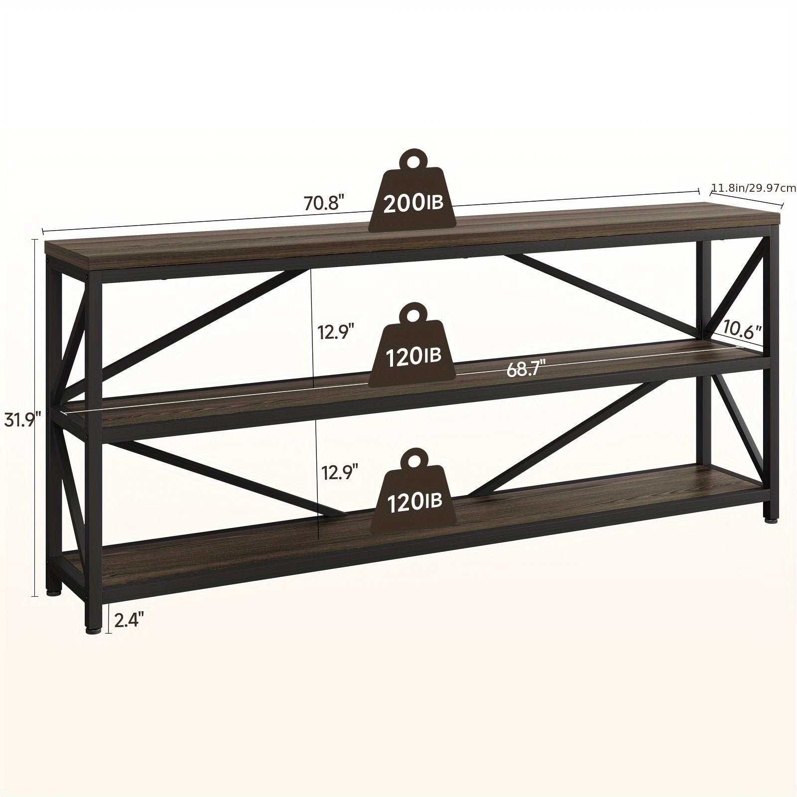 Console Table, Extra Long 70.8 Inch Narrow Sofa Tables with 3 Tier Wood Storage Shelves Industrial Metal Frame for Entryway Hallway Living Room Behind Couch, Rustic Brown Black