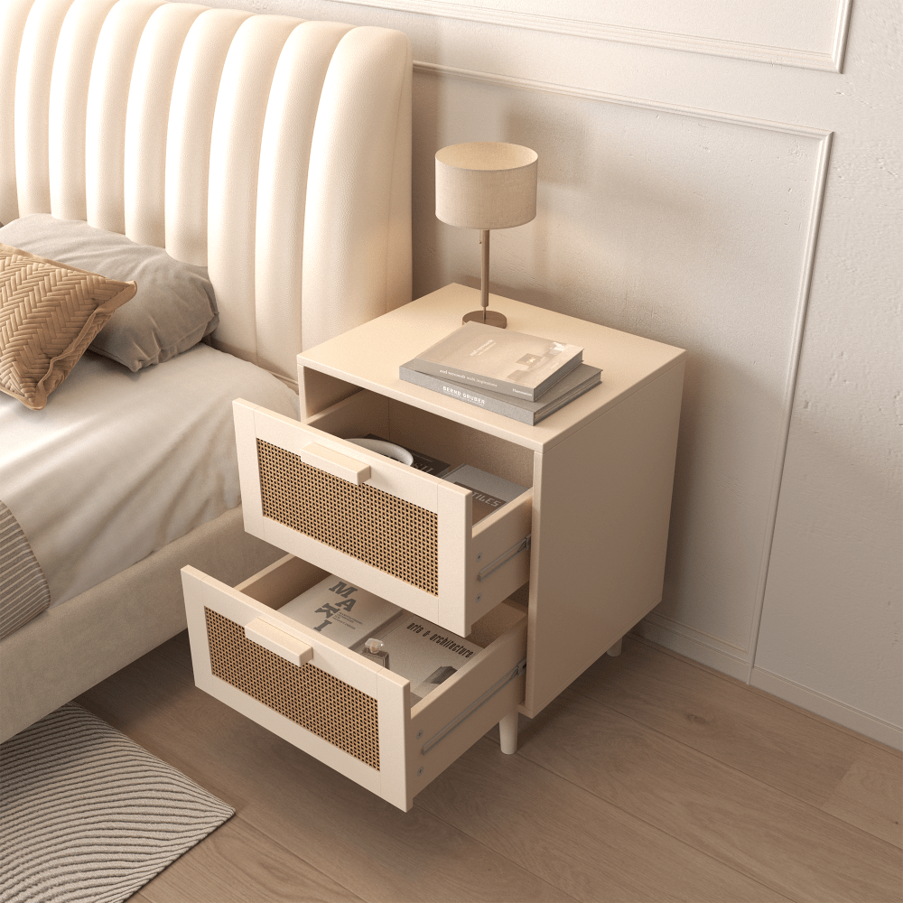 Rattan Nightstand Wood End Table Side Table with 2 Faux Rattan-Decorated Drawers Bedside Table Wood Accent Table