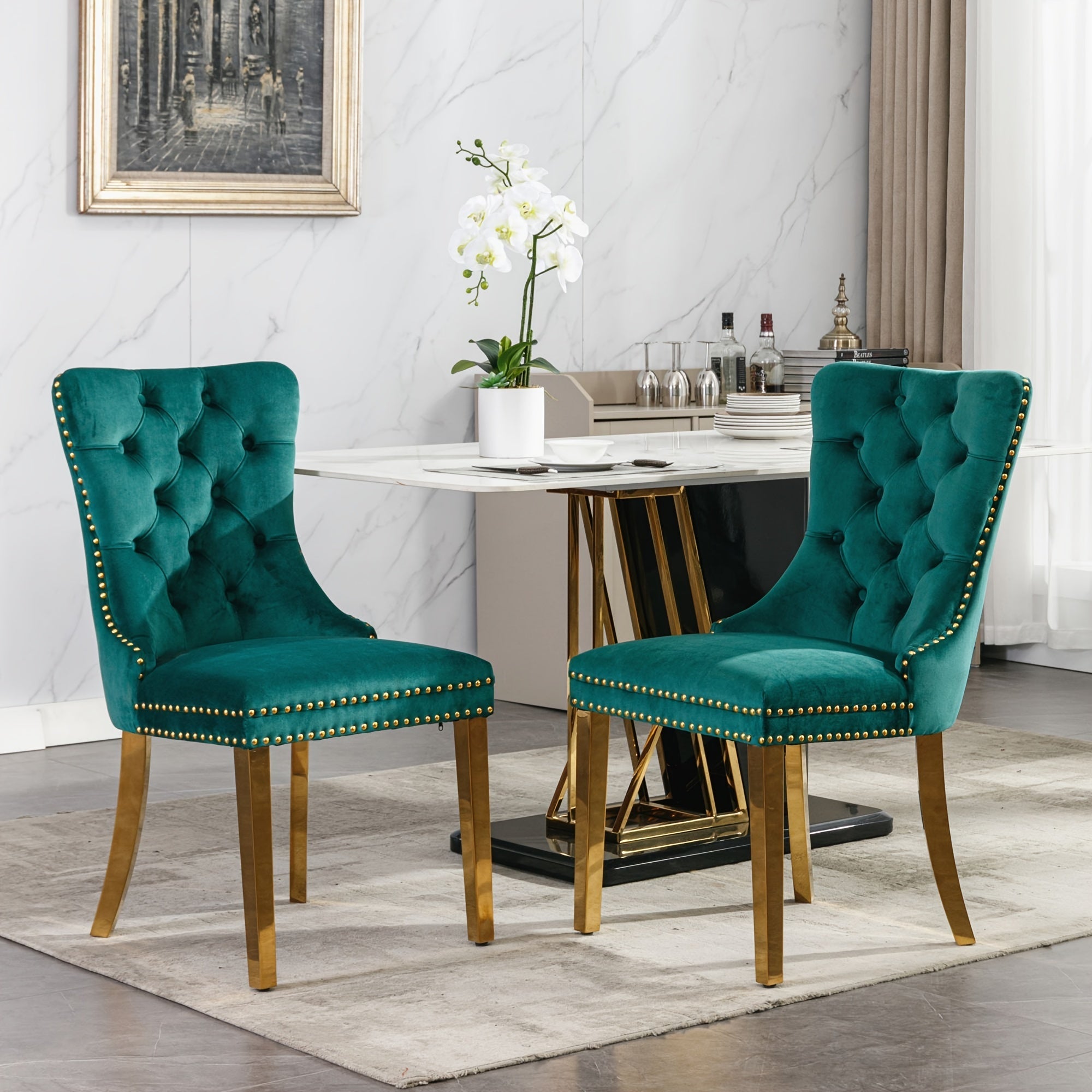 Set of 2 Upholstered High-end Dining Chairs, Tufted Side Chair with Golden Stainless Steel Plating Legs, Nailhead & Back Ring Pull Trim, Kitchen Dining Room Furniture, Tufted Dining Chairs