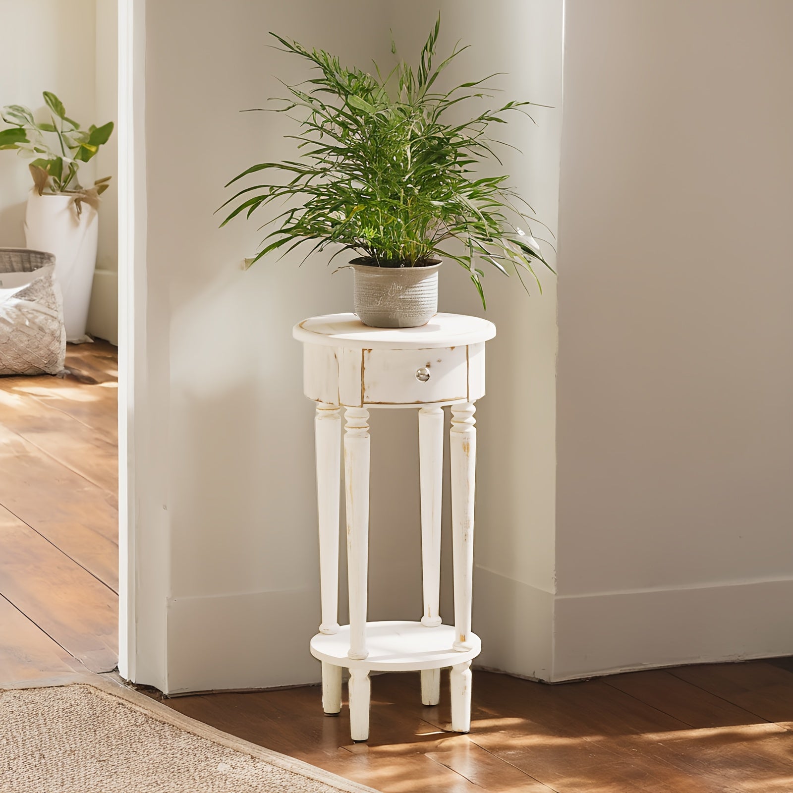 Tall End Table With Drawer, Round Nightstand Bedside Table With Storage Shelf, Industrial Telephone End Table For Living Room, Bedroom, Hall Way, Space Saving, Christmas Holiday Decorations Side Table