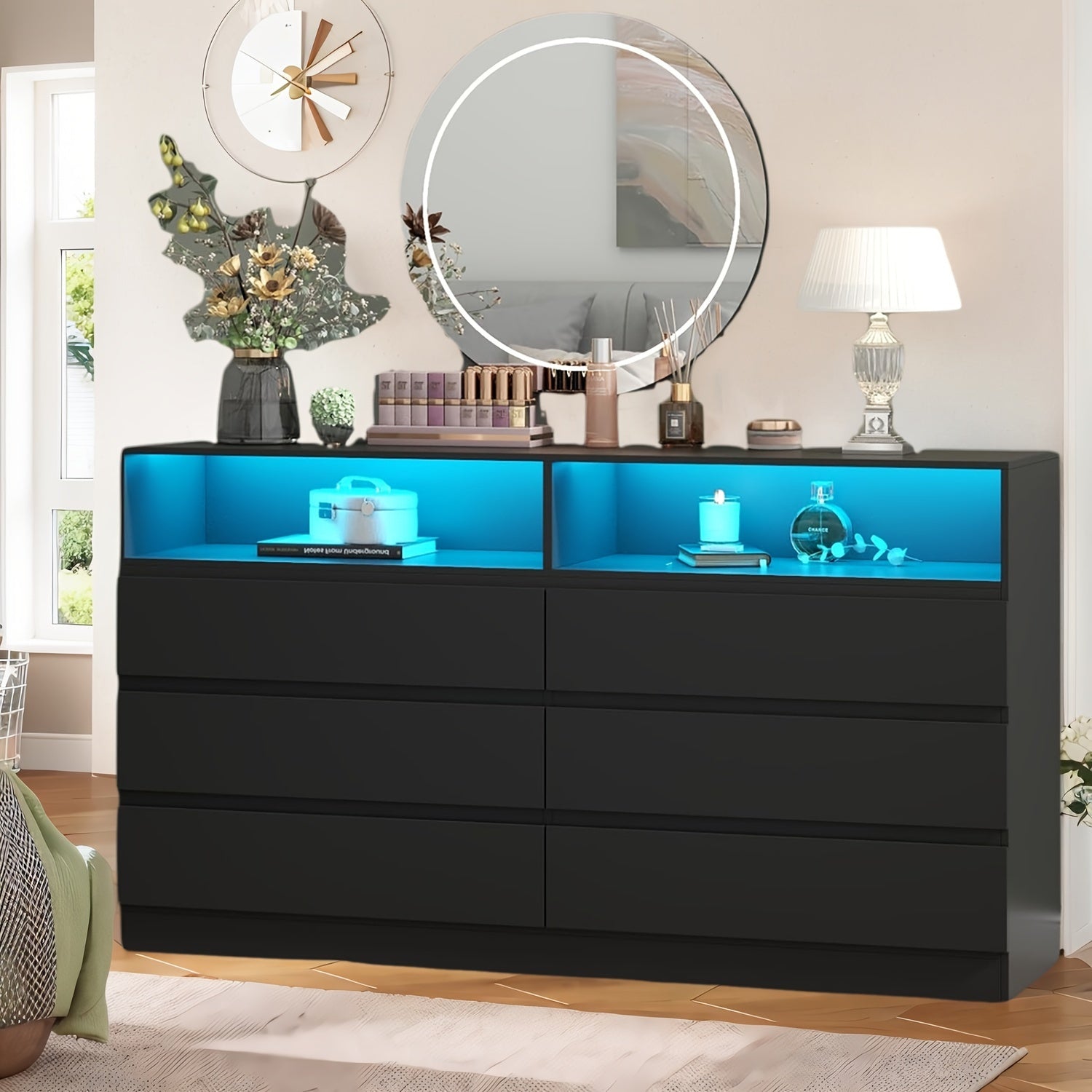 9 Drawers Vanity Desk With Power Outlet & Lights Makeup Vanity Table Dressing Table For Women Girls - 6 Drawers-Black