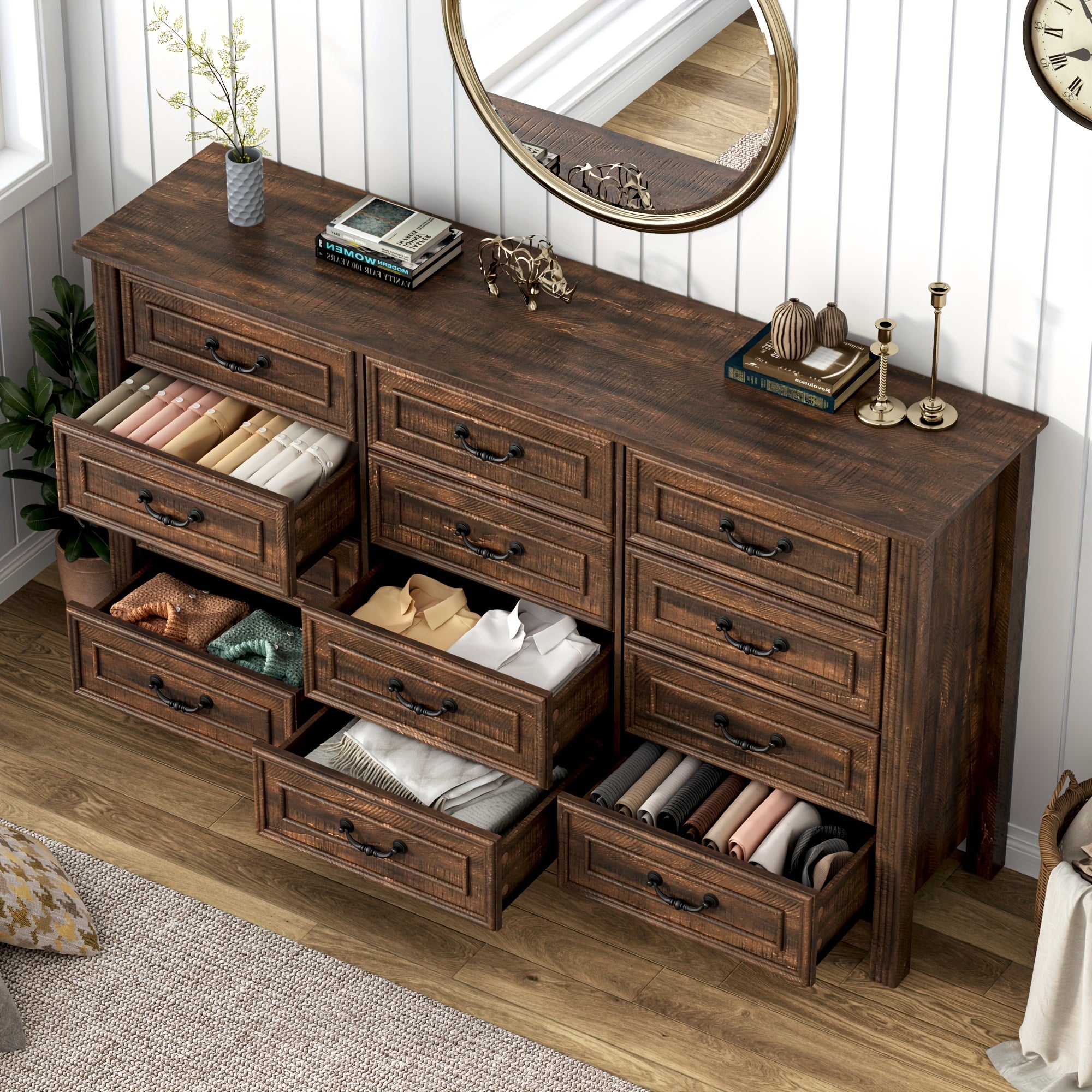 Spacious 160cm Wide Rustic Farmhouse Dresser with 12 Drawers - Vintage Wooden Chest of Storage Natural Textured Finish