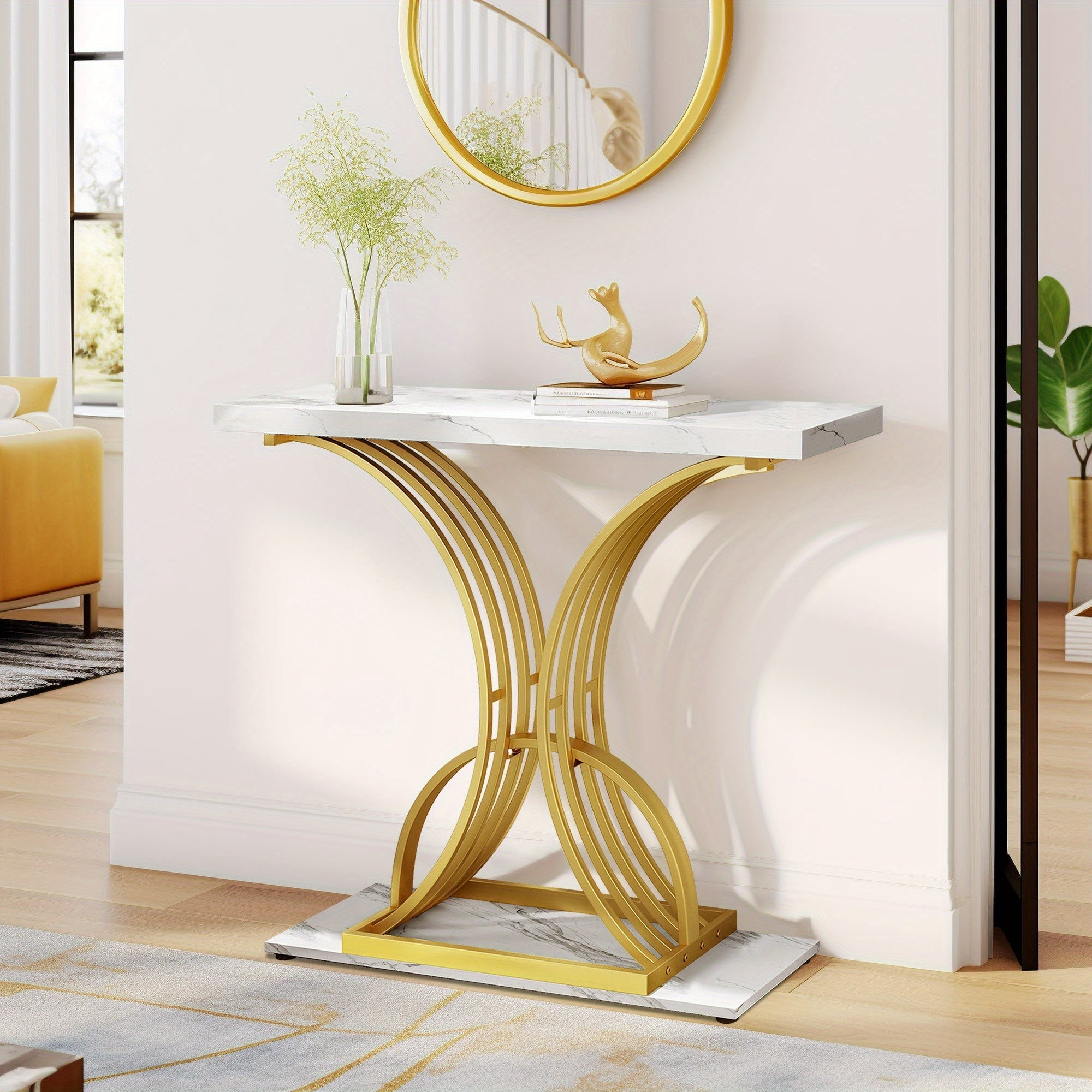 Elegant Marble- Topped Console Table with Adjustable Feet Pads Stylish Accent for Living Room, Entryway Bedroom