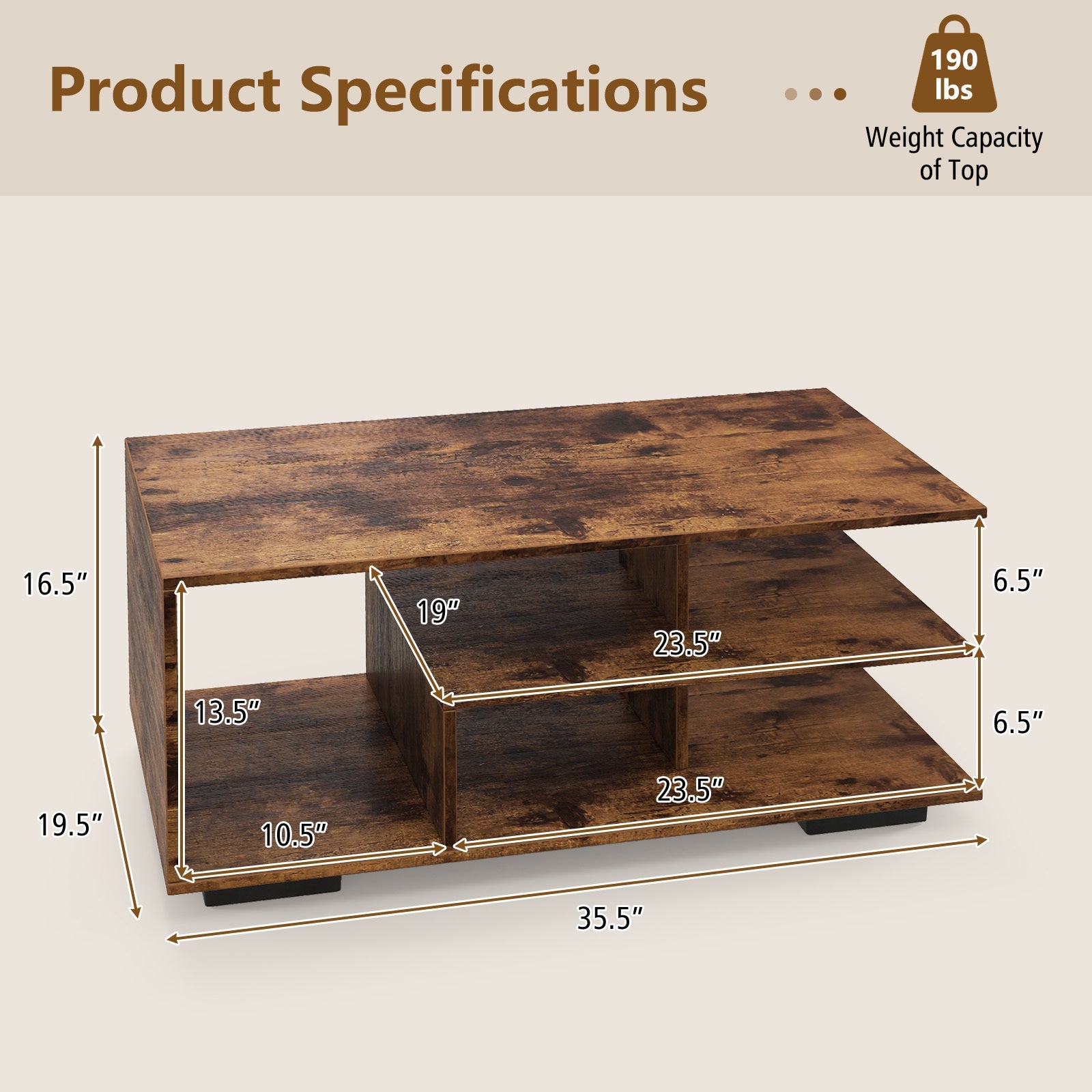Modern Geometric Coffee Table with Storage - 3-Tier Rectangular Centerpiece L-Shaped Shelf Durable Hardwood
