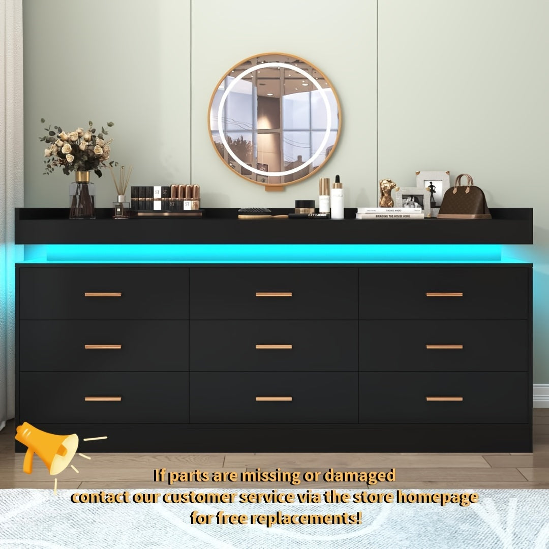 9 Drawer Dresser With LED Light Modern Chest Of Drawers For Closet Wide Drawer Organizer Cabinet For Bedroom Living