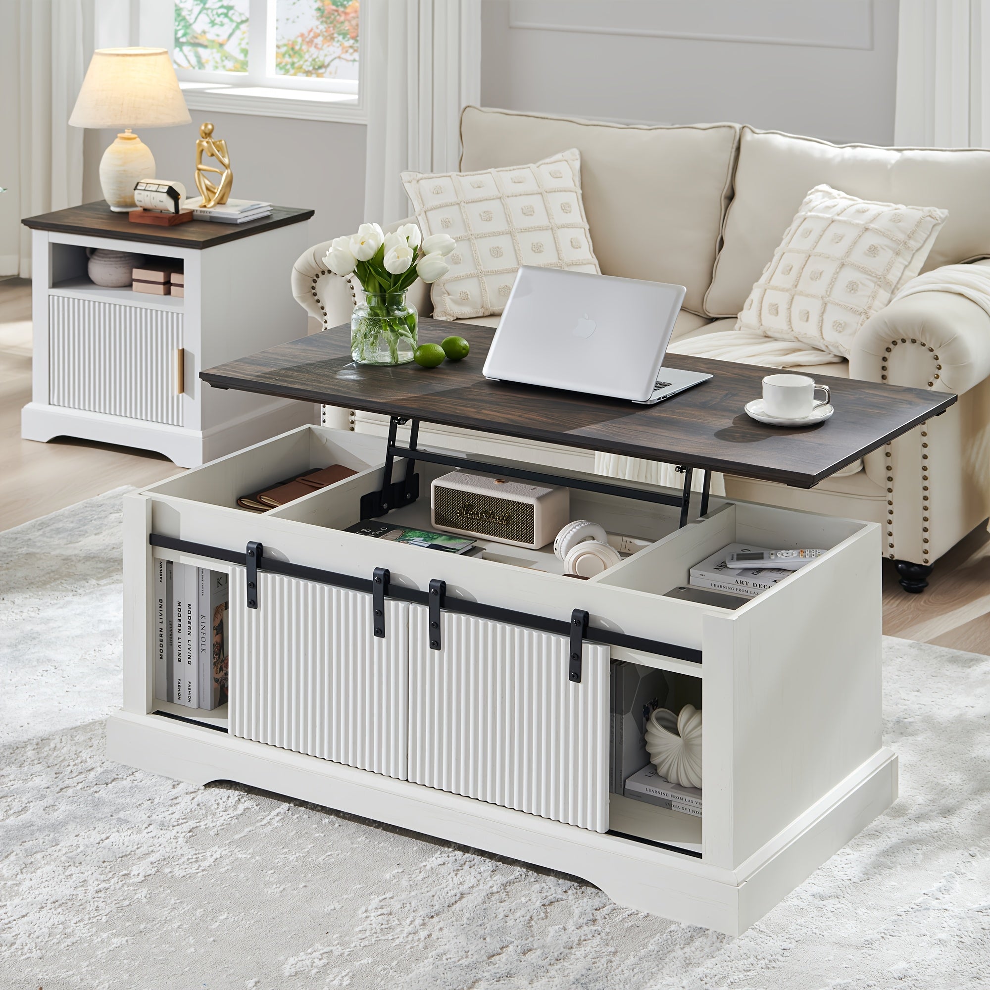 Modern 117cm Fluted Lift Coffee Table with Hidden Storage - Adjustable Height Sliding Door & Shelf Convertible Wooden