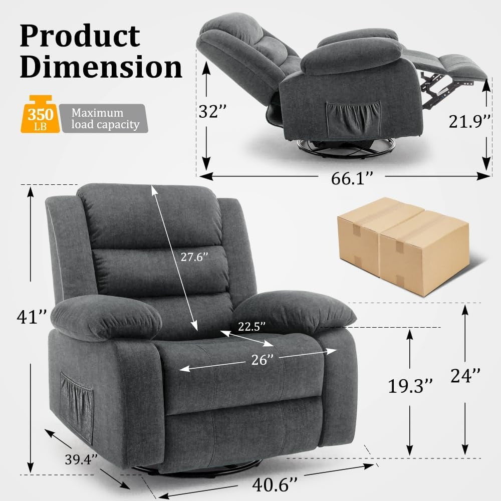 Plush Grey Recliner Chair with Massage & Heat - 360° Swivel, Wide Rocker, Oversized Fleece Sofa for Adults, Solid Back, Easy Clean - Ideal for Living Room Comfort, Reclining Chair