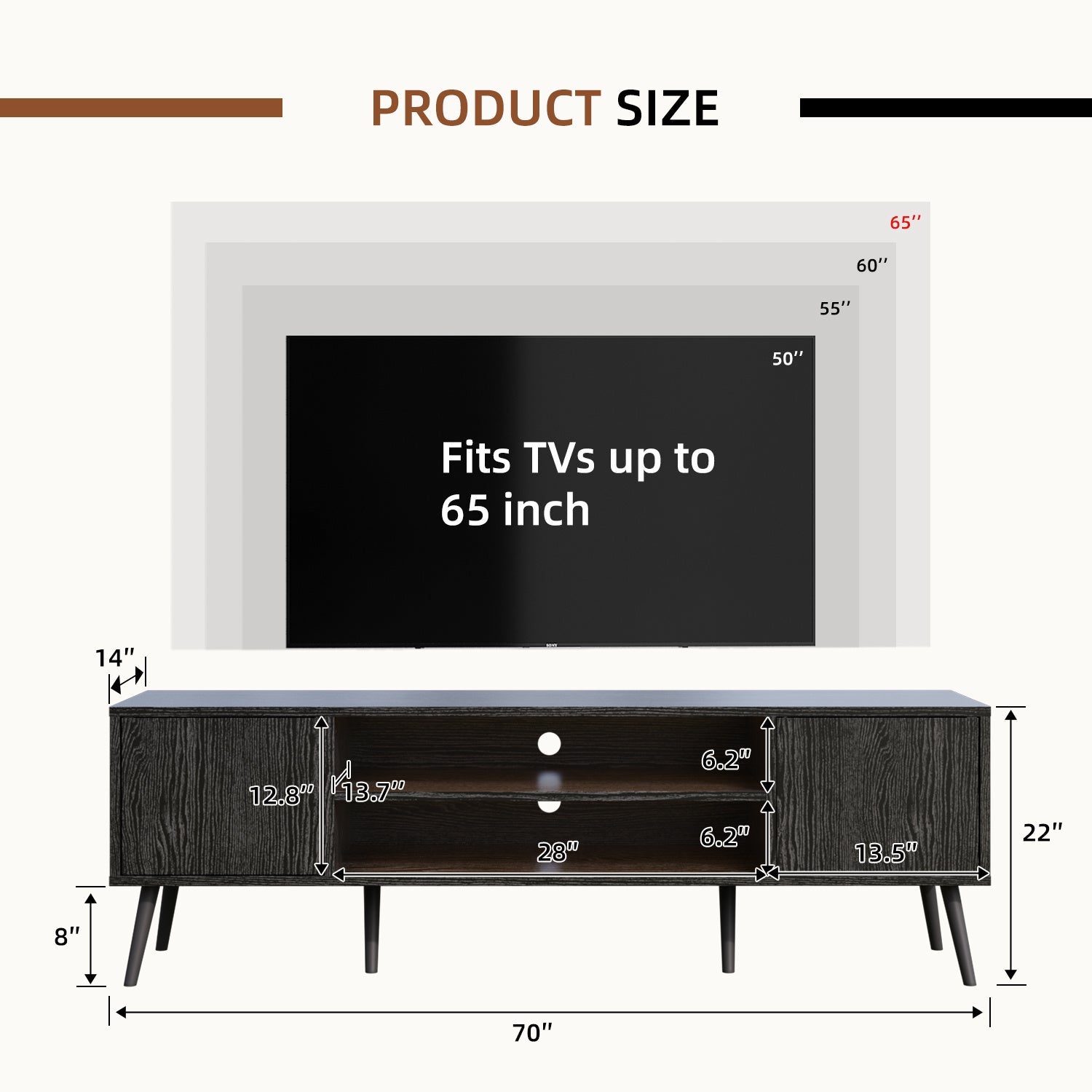 58" Farmhouse TV Stand for 65" TV, Mid Century Entertainment Center with Storage, Open Shelves & Wood Feet, TV Console for Living Room & Office, Black