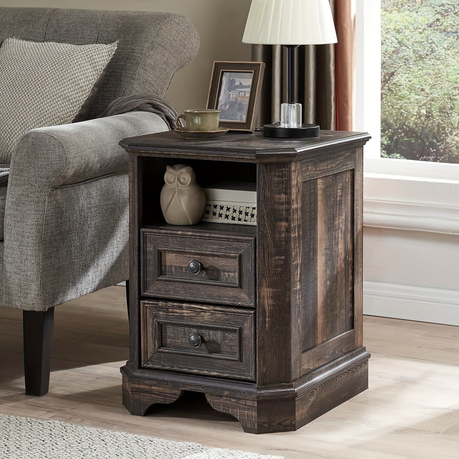 Farmhouse Nightstand with Charging Station, 18" End Table with 2 Drawers, Wood Side Table, Bedside Cabinet for Bedroom, Living Room