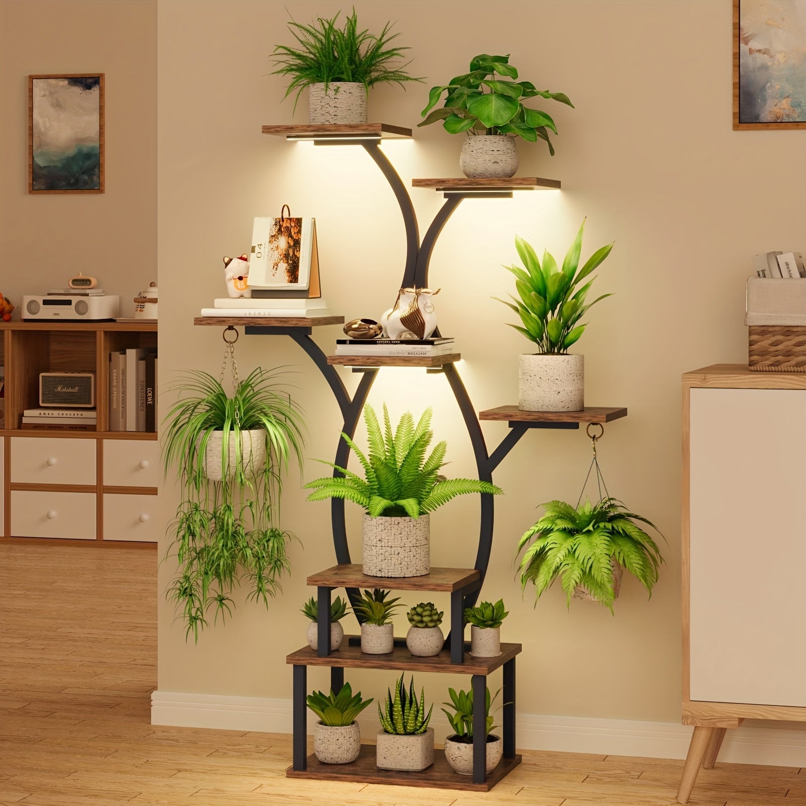 8-Tier Indoor Plant Stand with Grow Light - Curved Metal & Wood Corner Shelf, Multi-Functional Large Display Rack for Various Plants, Ideal for Patio, Garden, Balcony, Living Room Decor, Indoor Plant Display | Modern Plant St