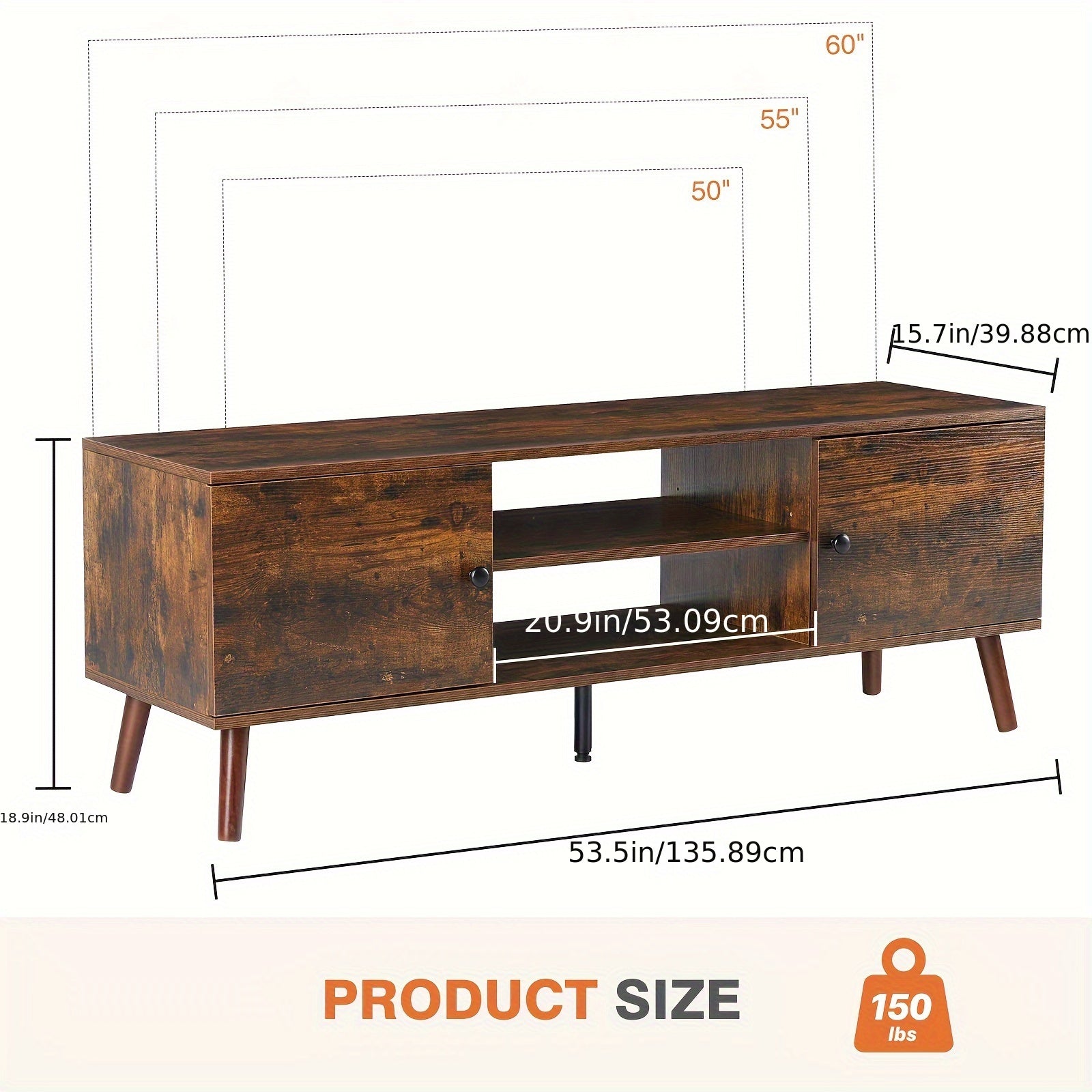 Mid-Century Modern TV Stand With Storage, Entertainment Center For 55-60 Inch TV, Media Console Table With Adjustable Shelf, Wooden TV Cabinet For Living Room, Bedroom Or Office, 2 Cabinet Television Stand