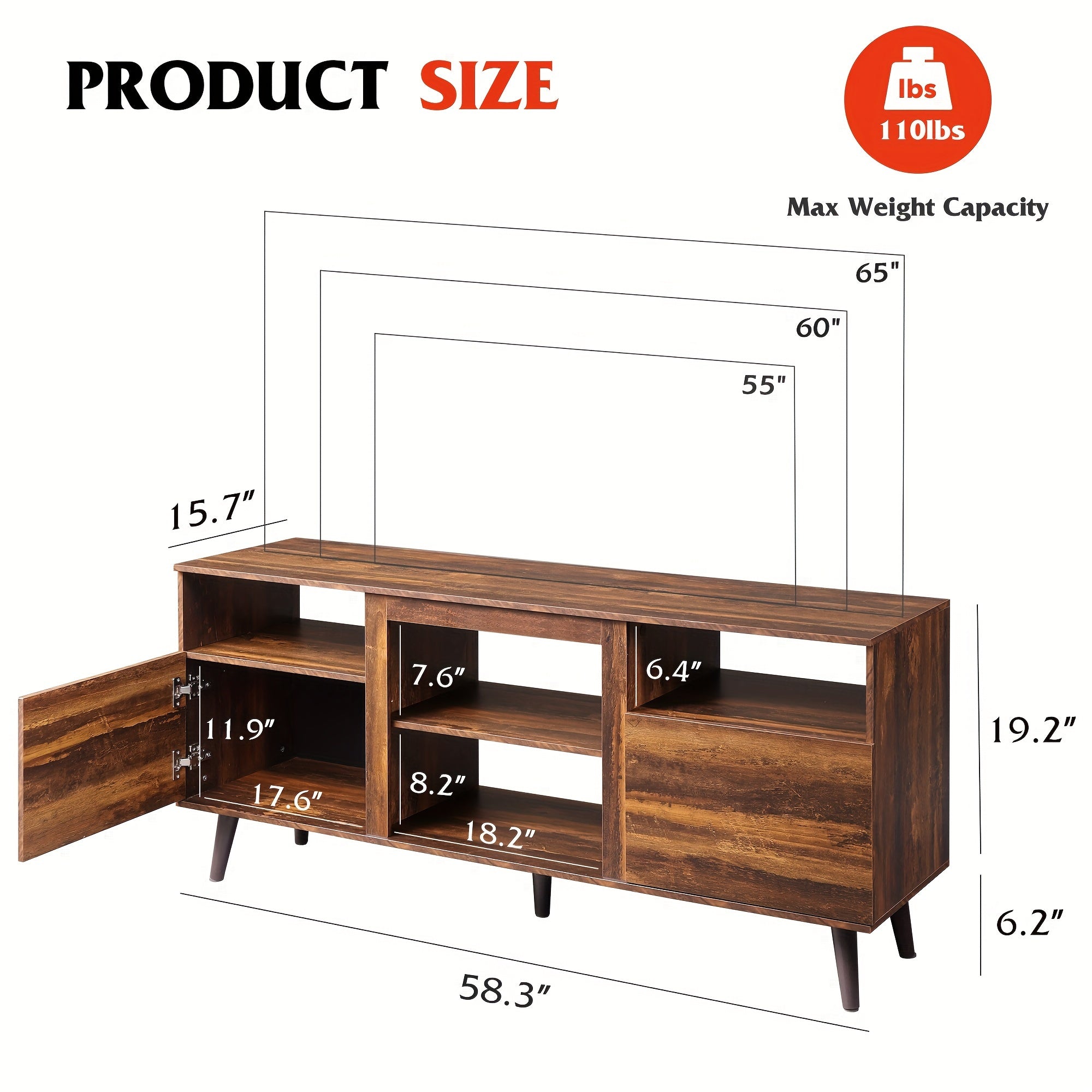 Mid-Century Modern TV Stand for 65" TV - Hardwood Console with Open Shelves, MDF & Particle Board Construction, Freestanding Entertainment Center for Living Room and Bedroom