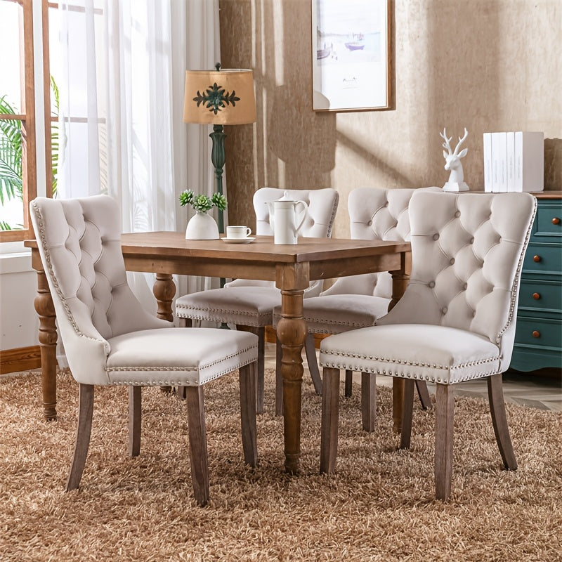 Beige Velvet Dining Chair - Set Of Two Elegant Plush Solid Wood Nail Head Decoration Contemporary SW2001BG - Beige