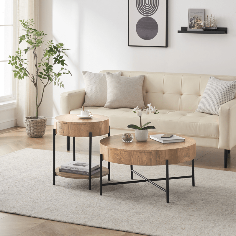 Farmhouse Style Round End Table with Drawer - Natural Wood, Multicolor Circle Side Table