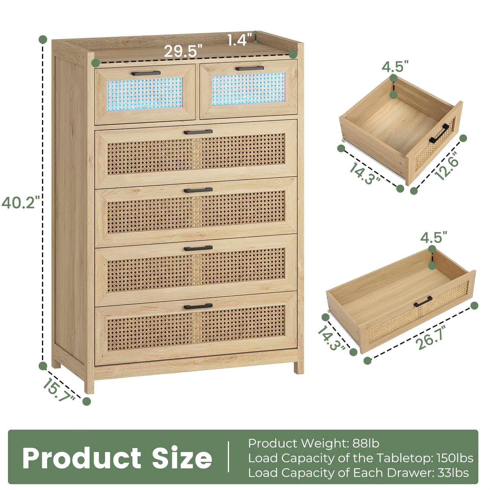 6 Drawer Dresser Natural Rattan Chests Of Drawers With LED Light Tall Dressers For Bedroom Entryway - Natural - Dresser
