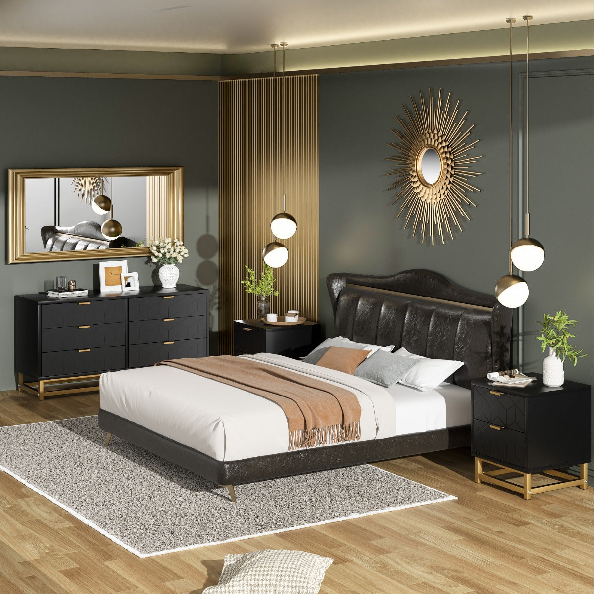 Elegant Black Dresser with 6 Drawers - Diamond Pattern Golden Handles & Base Freestanding Storage for Bedroom