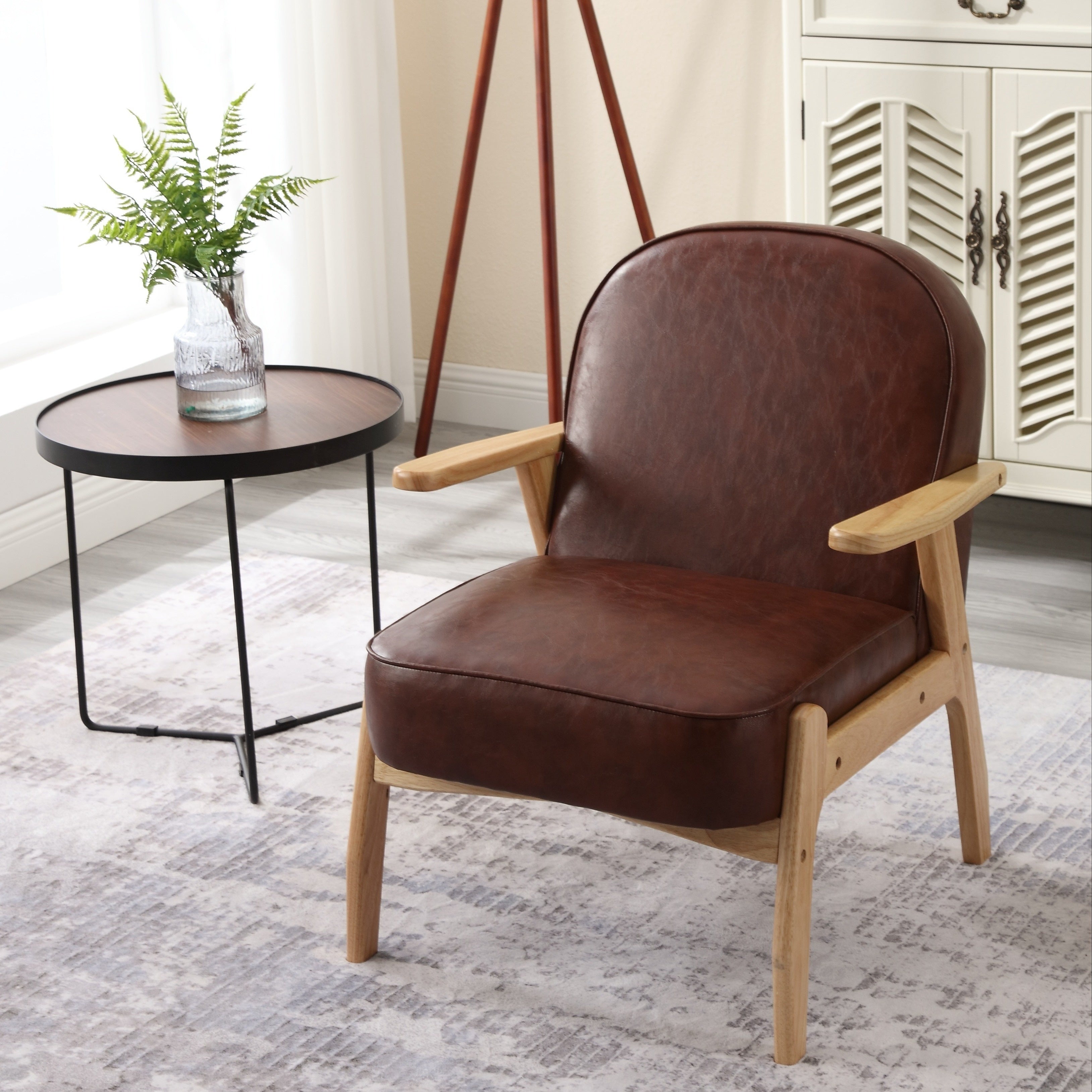 Modern PU Leather Upholstered Accent Chair, Mid Century Arm Living Room Chair With Solid Wood Legs, Upholstered Reading Leisure Chair With High Back For Bedroom Belcony Sunroom