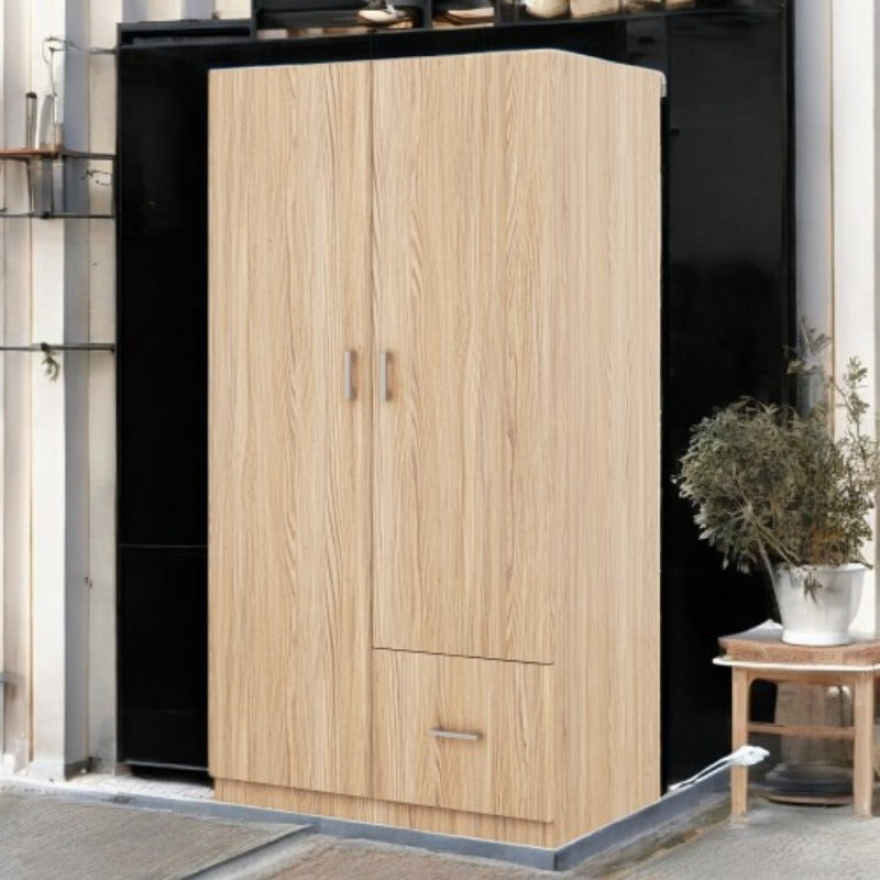 Double-Door Wardrobe with Hanging Rod 5 Fixed Shelves And 1 Storage Drawer for Ample Storage in Natural Finish