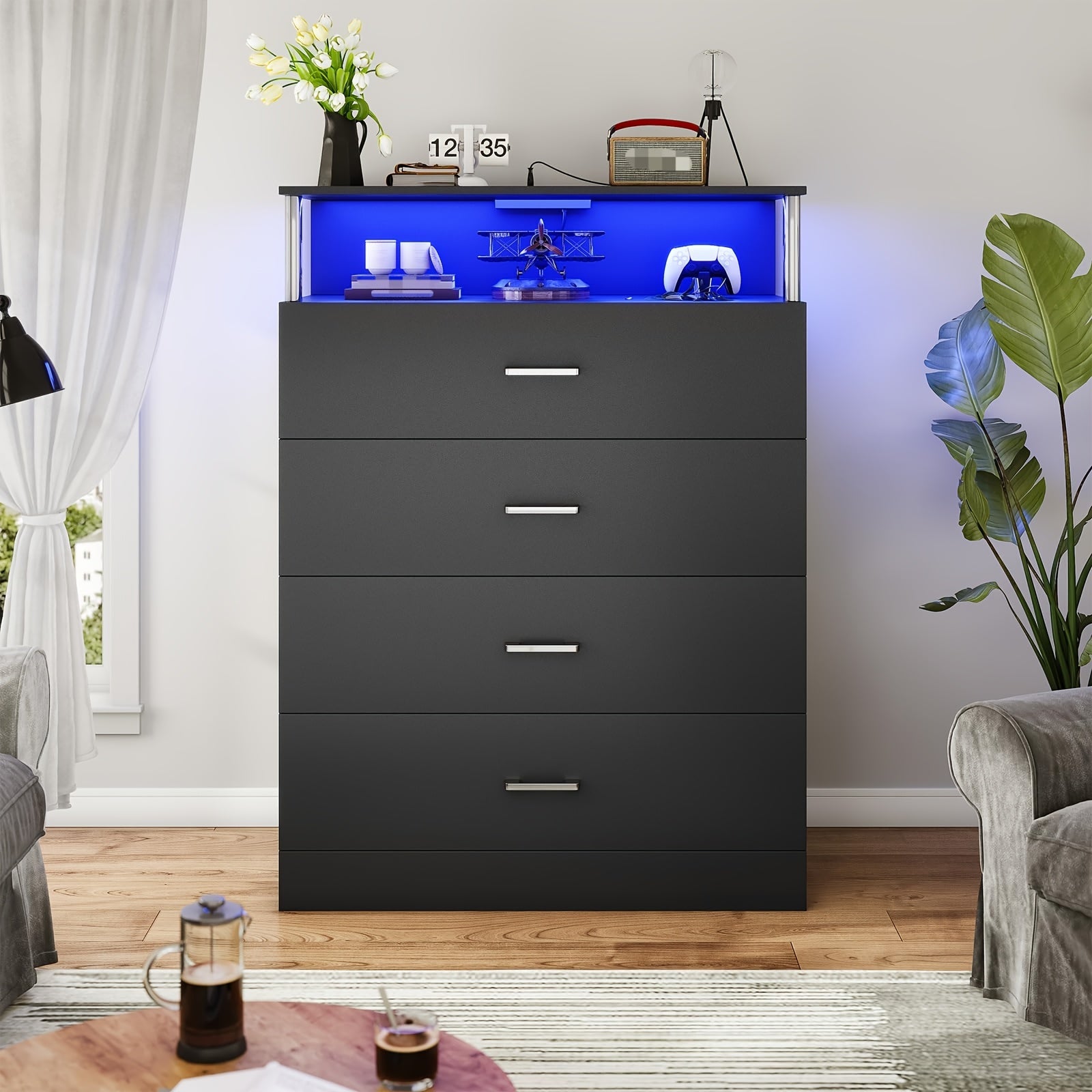 Modern Black LED Bedroom Dresser with 4 Drawers & Storage Shelves - Sleek Column Design, Plug-In Powered