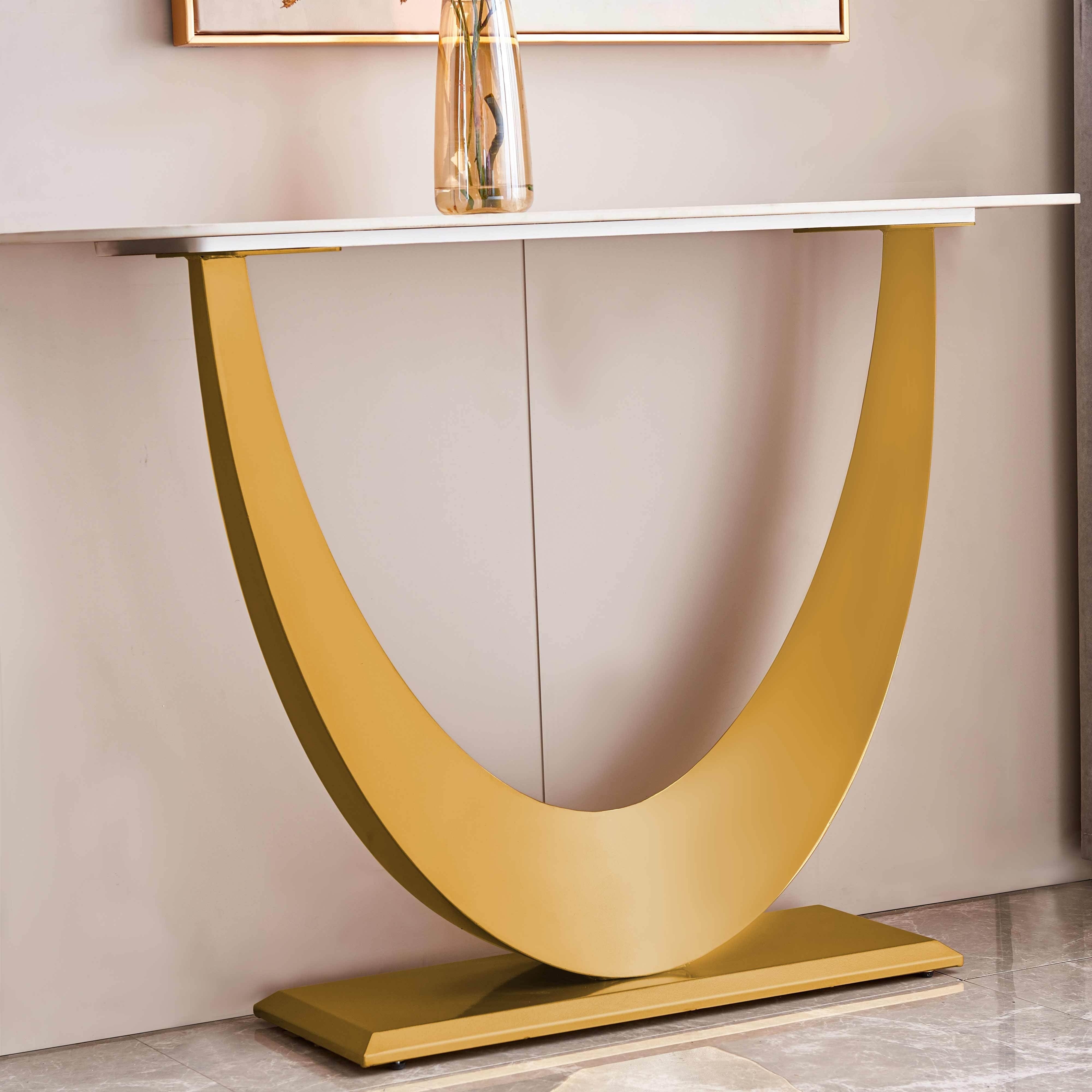 Modern Entryway Table, 47 Inch Sintered Stone Narrow Entrance Sofa Table, Moon Shape Design Decorative Table With Metallic Golden Base, Luxury Entryway Table For Hallway Living Room Bedroom