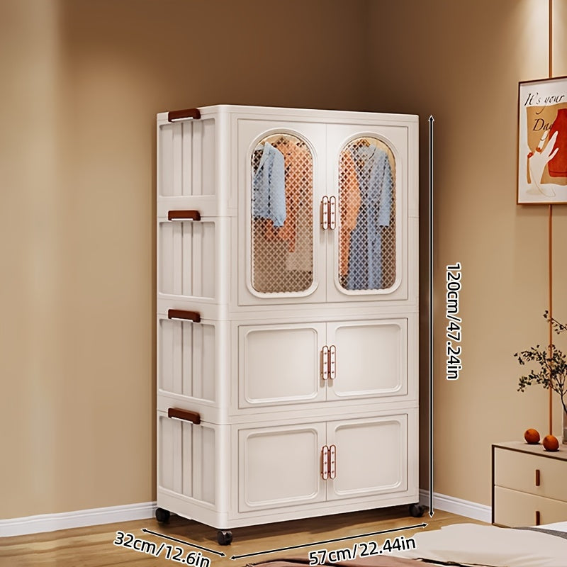 Multifunctional Wardrobe Organizer, Easy to Assemble, Plastic Storage Bins with Lids, Closet Organizers And Storage Cabinets, Foldable Clothes Storage Cabinets, Front Double Doors Or Top Lid Opens, Magnetic Lock Design, Cream