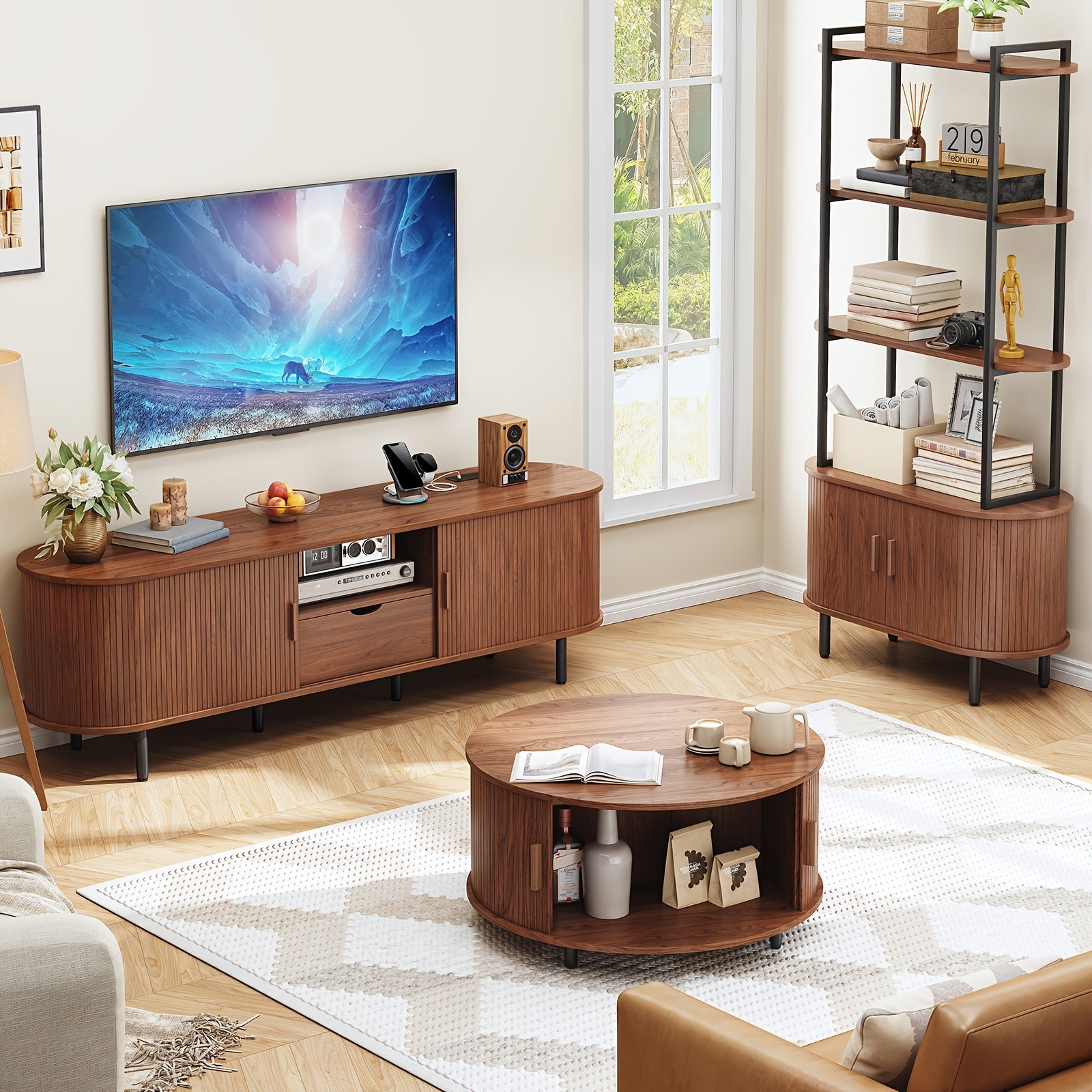 Festive 69" Walnut TV Stand with Power Outlets - Fits TVs Up to 80", Modern Media Entertainment Center with Storage, Drawers, Adjustable Shelves & Sliding Doors - Ideal for Holiday Living Room Decor, TV Console Table