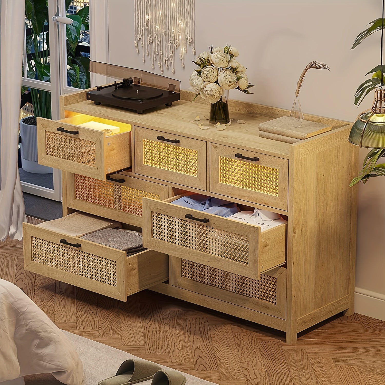 Natural Rattan 7 Drawer Dresser With LED Lights Chests Of Drawers For Bedroom, Hallway, Entryway