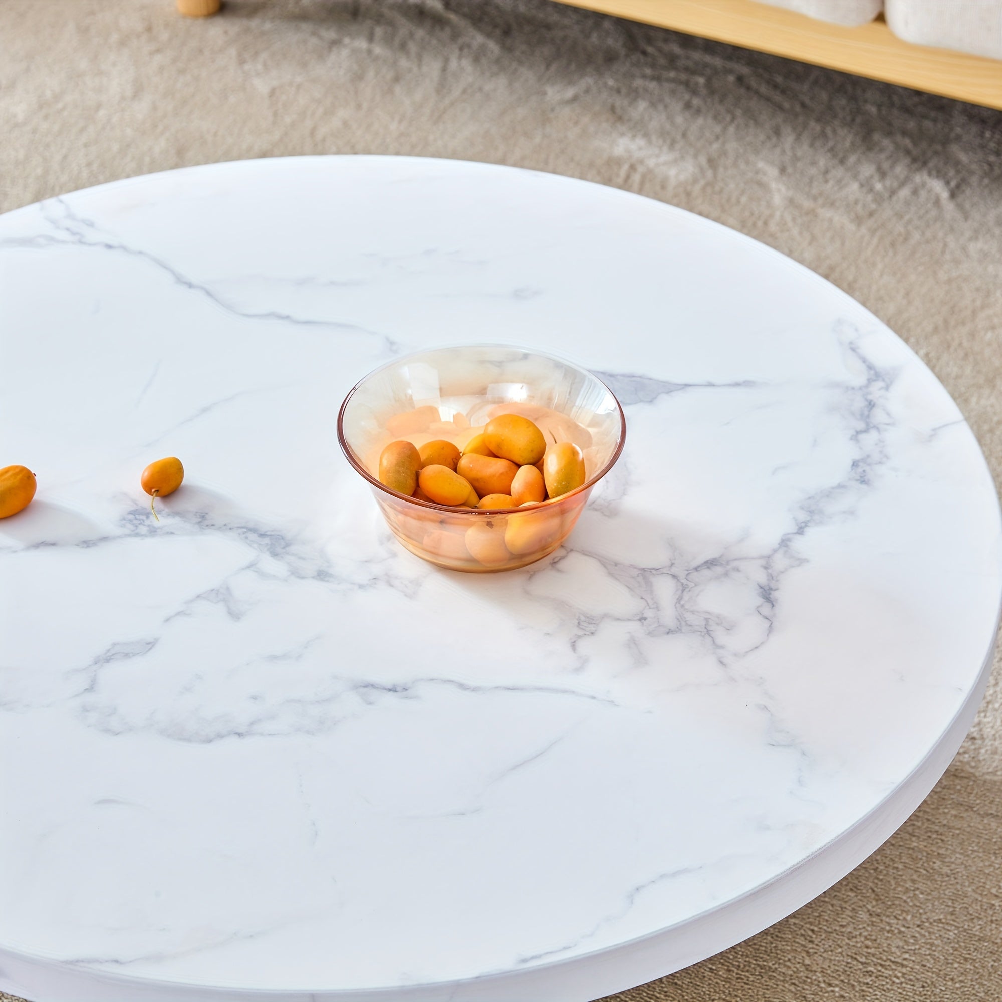 Modern Marble-Look Round Coffee Table For Living Room, Unique Circle Central Table, White Faux Marble Coffee Tables For Home Reception Office Waiting Area