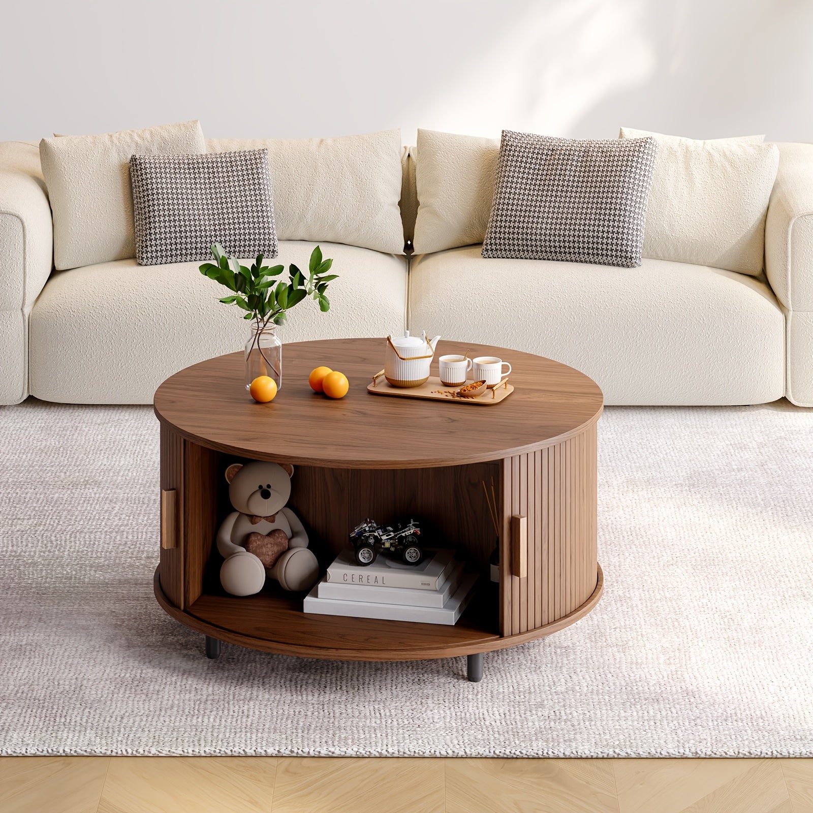 1pc 31.5" Modern Round Coffee Table, Grooved Hardwood with Sliding Door, Space-Saving Engineered Wood Pedestal, Adjustable Feet, Stable & Easy to Clean, Walnut Finish, Living Room Furniture