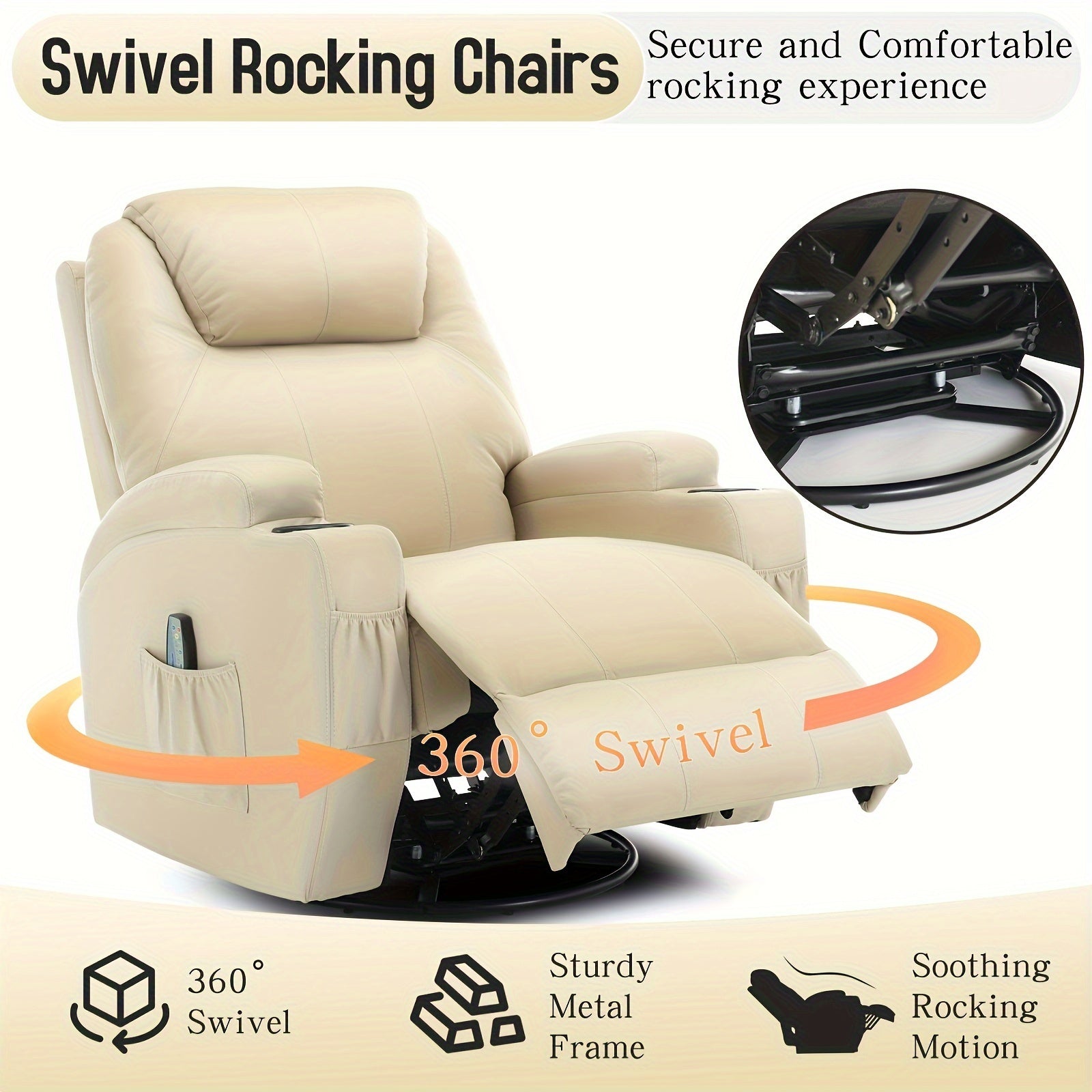 Recliner Chair, Rocking Chair With Massage And Heat, 360° Swivel Recliner Chairs For Adults, Rocker Manual Recliner With Remote Control And Cup Holder For Living Room