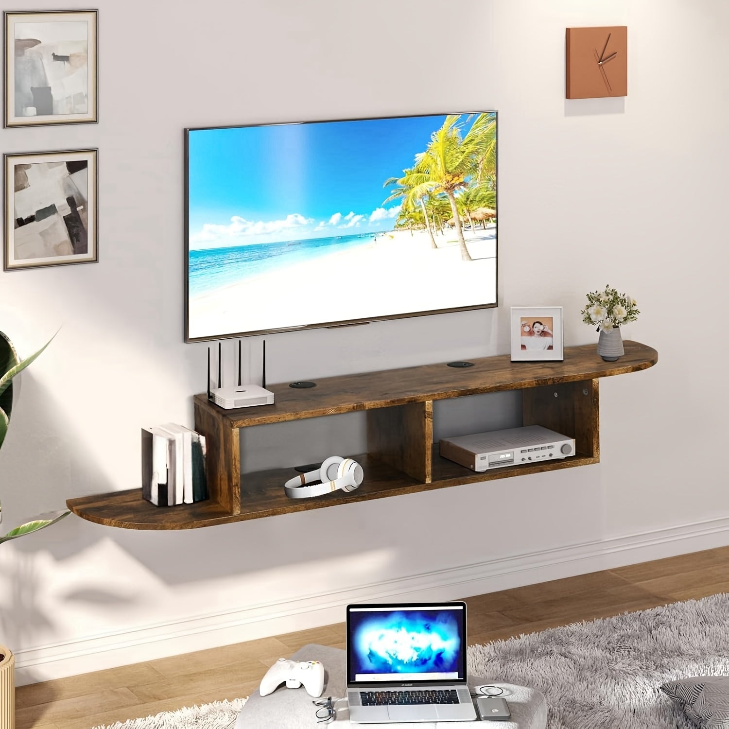 Contemporary Floating TV Stand with Storage, 55" Wall-Mounted Entertainment Center Shelf, Log Material, No Electricity Needed, for Living Room and Laboratory Display, Tv Console for Living Room