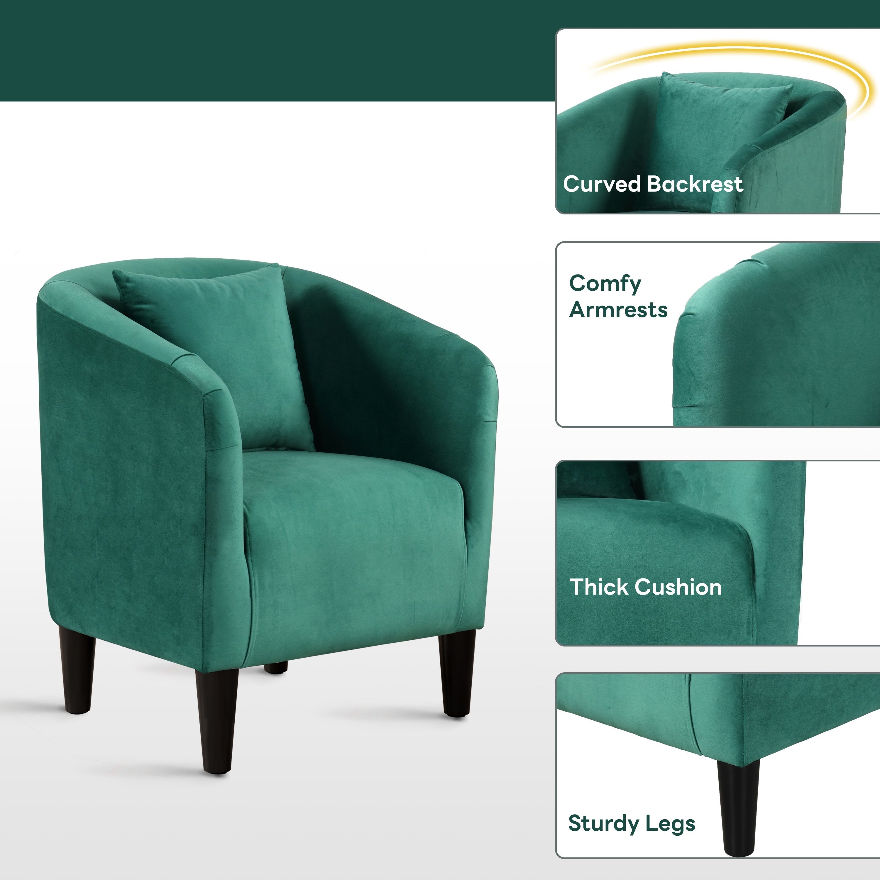 Green Velvet Barrel Chair with Pillow - Comfy Armchair with Wood Legs, Ideal for Living Room and Bedroom, Accent Chair