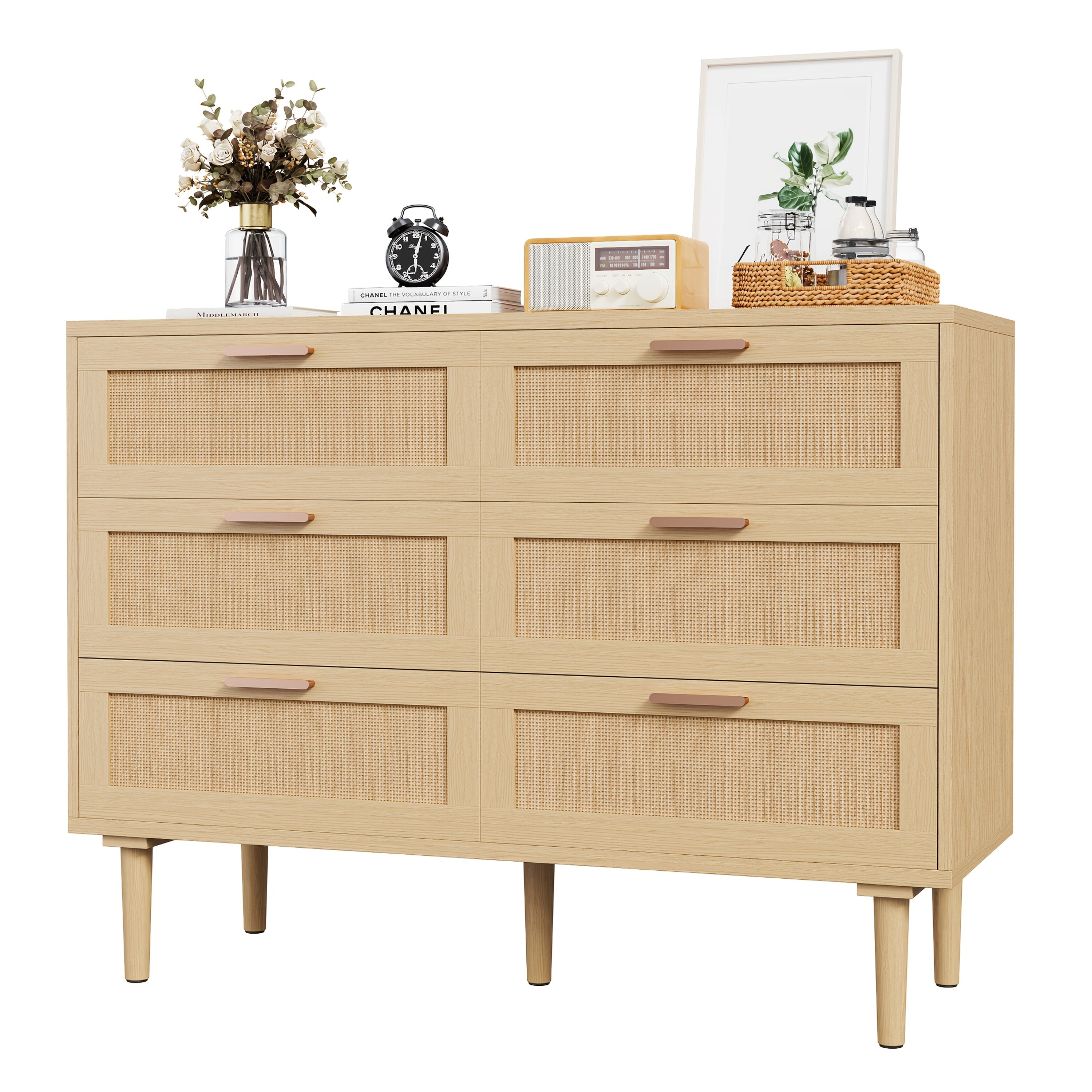 6 Drawer Dresser Modern Wooden 6 Drawer Dresser Rattan Dresser with Golden Handles for Bedroom Rattan Storage Chest