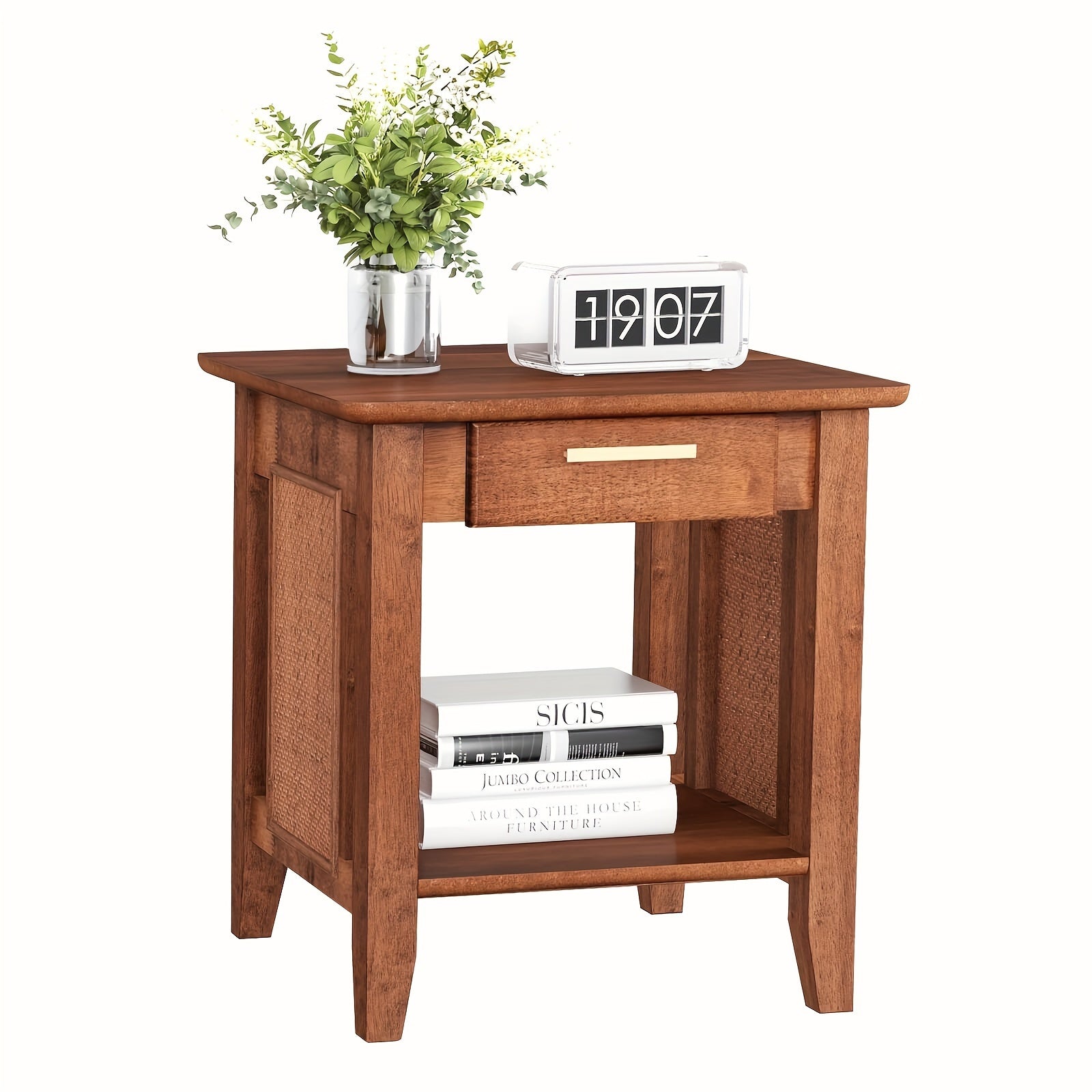 Rattan Nightstand With Drawer, Mid Century End Table With Storage Shelf, Sofa Side Table With Solid Rubber Wood Legs, Square Bedside Table For Bedroom, Small Spaces, Walnut