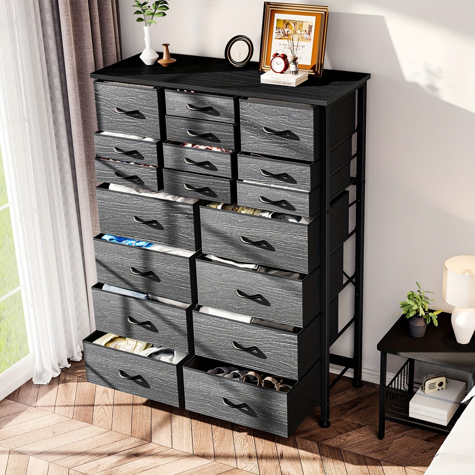 Dresser for Bedroom Tall Dresser Chests of Drawers with 18 Fabric Drawers Wood Top for Closets Living Room - Dresser