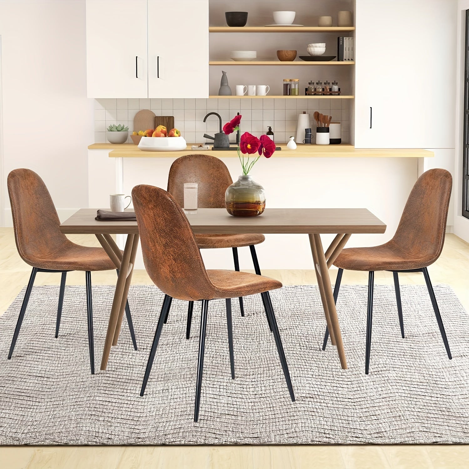 Industrial Dining Chairs Set Of 4, Modern Dining Chairs Set with Comfortable Suede Seat, Ergonomic Armless Dining Chairs with Metal Legs for Home Kitchen Dining Room, Vintage Brown