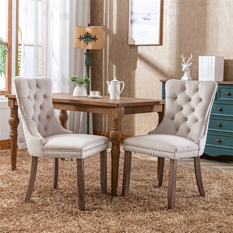 Beige Velvet Dining Chair - Set Of Two Elegant Plush Solid Wood Nail Head Decoration Contemporary SW2001BG - Beige