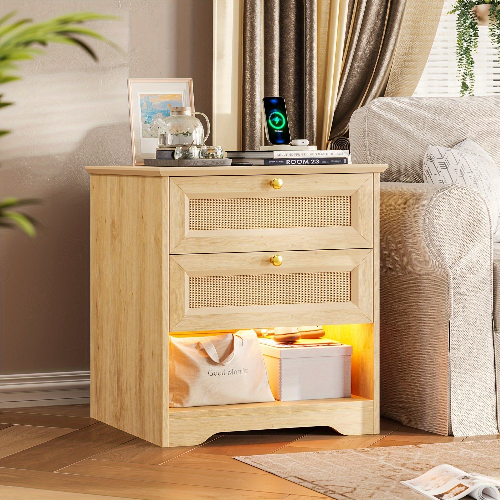 Chic Rattan Nightstand with 2 Drawers & LED Lights - Versatile Bedside Table in Natural or Black Finish