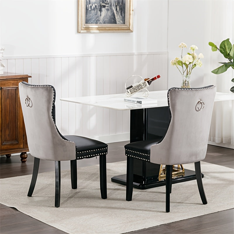 Modern Plush Dining Chair - Two Piece Set, Black And Grey Velvet/PU Wooden Legs, A&A Furniture Nikki Collection