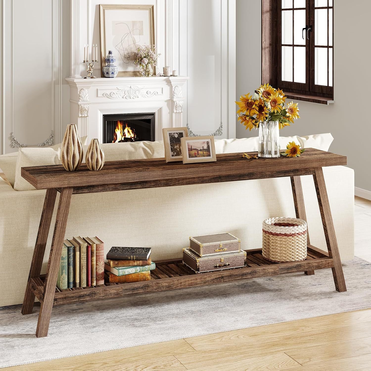 Rustic Farmhouse Console Table - 70.9" All-Wood Entryway Table, Dual Tier Narrow Design for Couch & Sofa Backdrop, Perfect for Hallway, Living Room - Brown