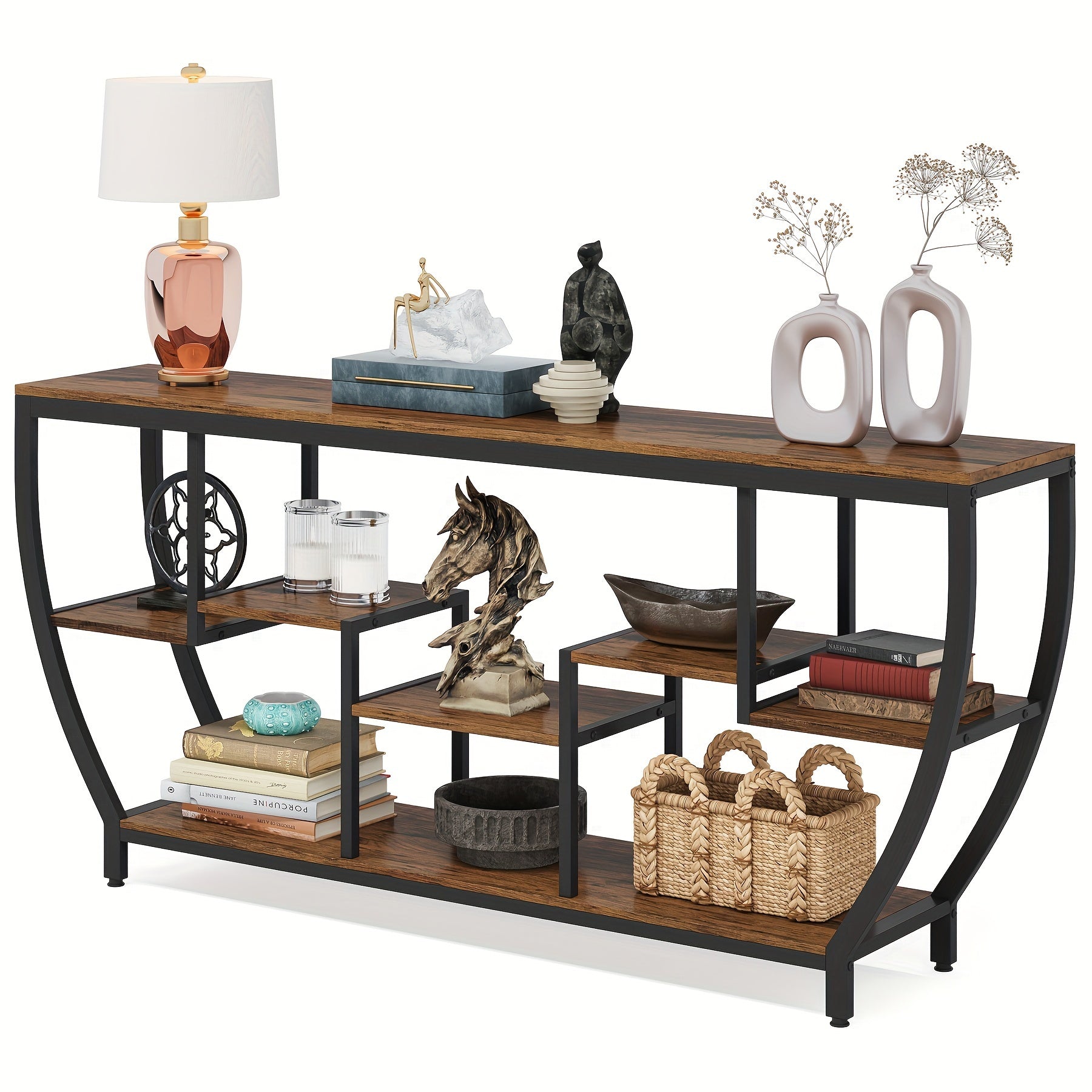 Modern Industrial 70.9 Inch TV Console Table with Three Layer Open Storage Shelves for Living Room Dining Room Furniture