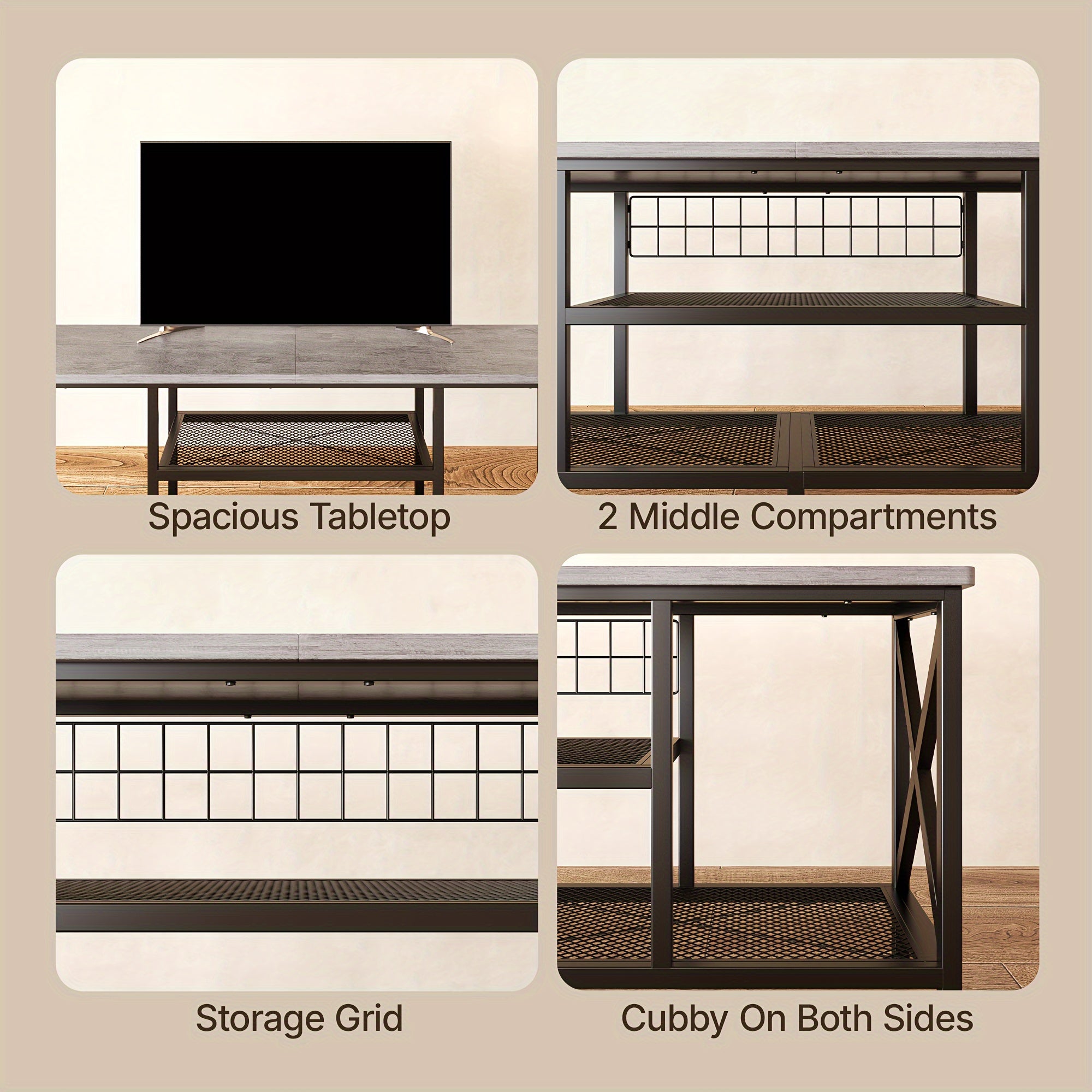 Industrial TV Stand, 59.8" Wide, Perfect For 55-65 Inch TVs, 3-Tier Media Entertainment Center With Stylish Open Shelves, Sturdy Metal Frame - Ideal For Living Room, Bedroom, Or Office Use, Gray