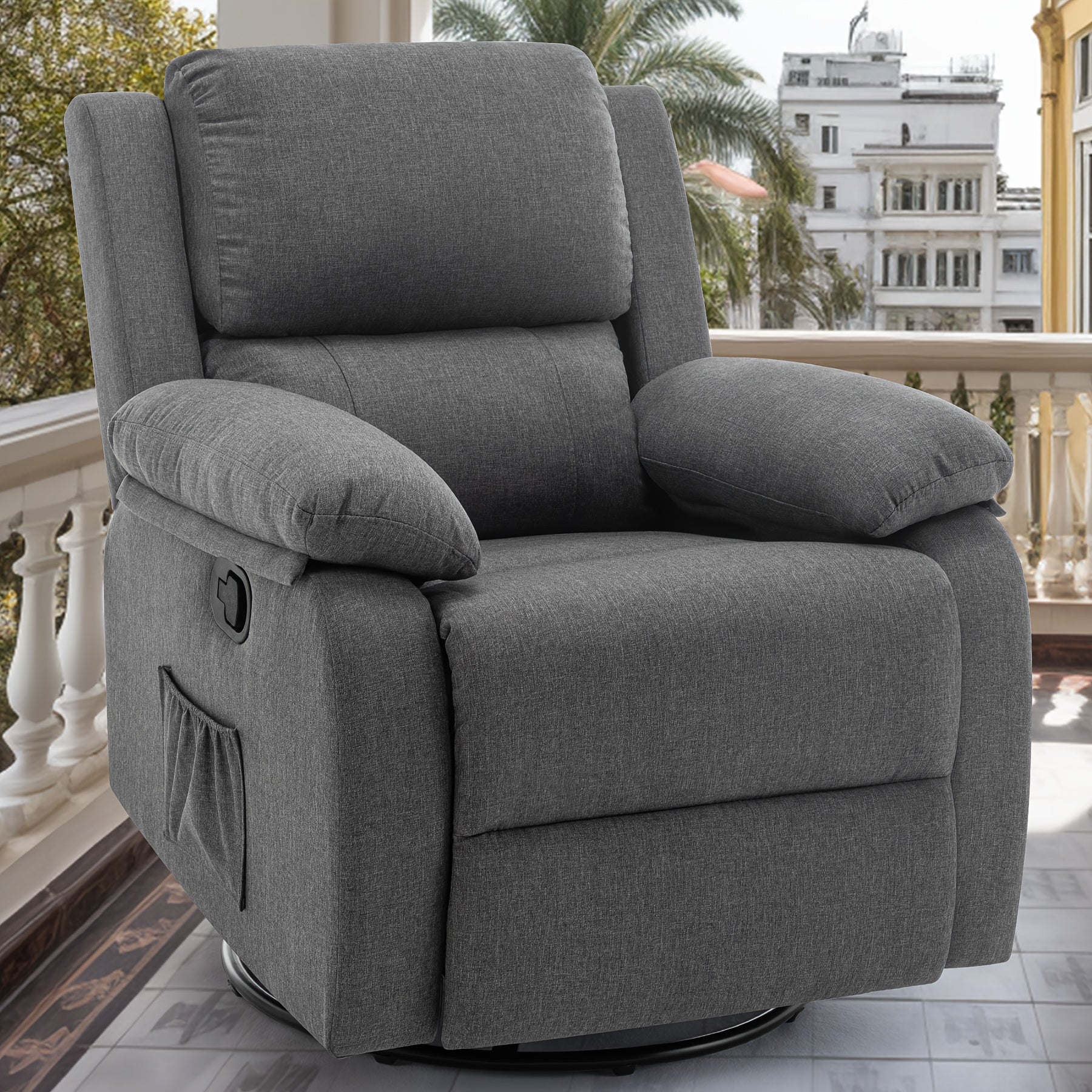 Ergonomic Grey Linen Recliner Chair with 360-Degree Swivel, Side Pockets - Perfect for Small Spaces, Manual Operation, KORSER