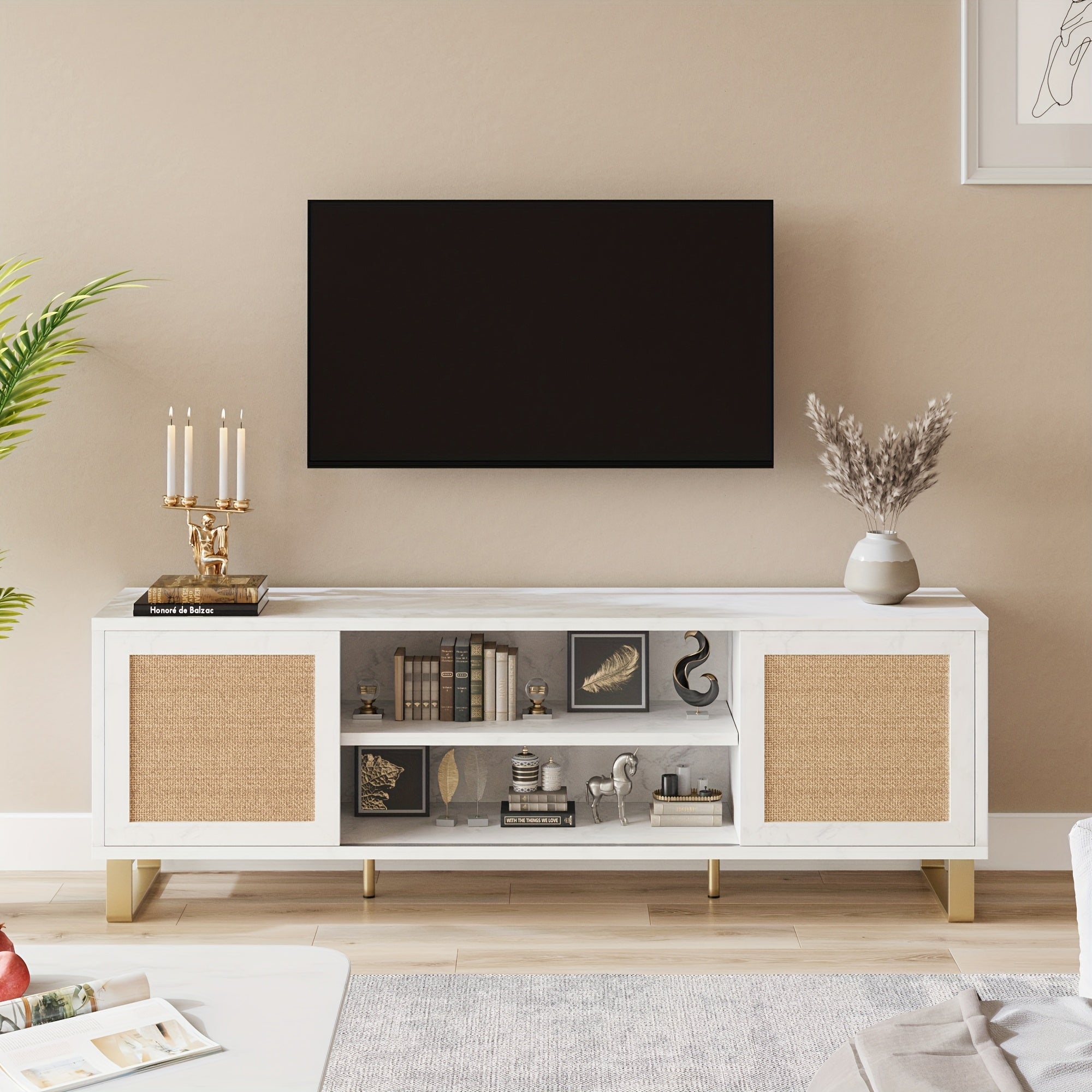 Chic White Rattan TV Stand with Marble Accents - 65" Capacity, Storage Doors & Shelves, Sturdy Engineered Wood Construction for Living Room or Bedroom