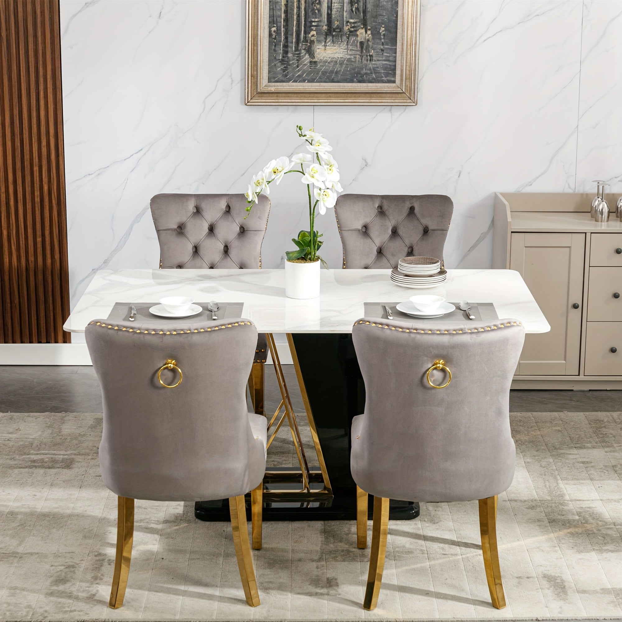 Set of 2 Upholstered High-end Dining Chairs, Tufted Side Chair with Golden Stainless Steel Plating Legs, Nailhead & Back Ring Pull Trim, Kitchen Dining Room Furniture, Tufted Dining Chairs