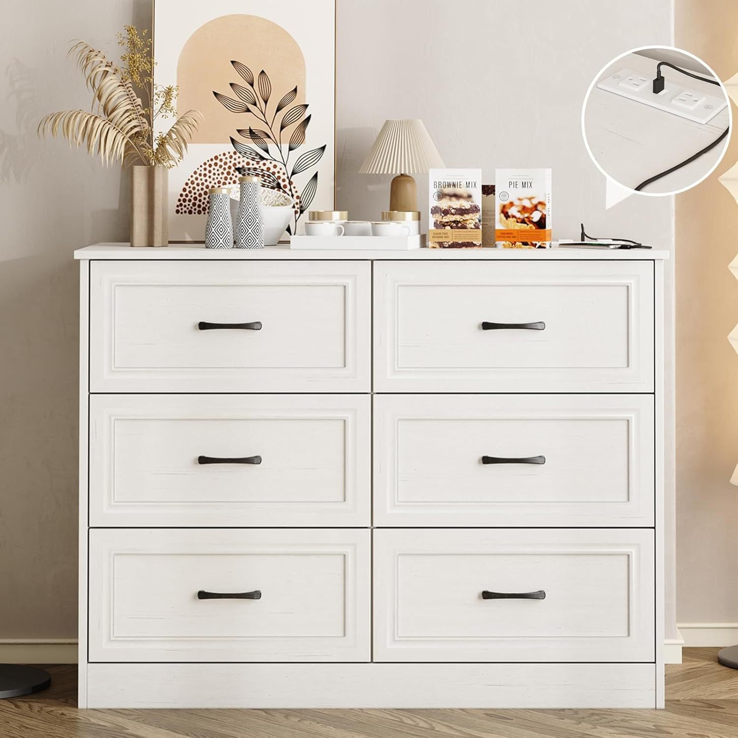 Spacious 6-Drawer Dresser with Charging Station - Wide Vanity Organizer for Bedroom & Hallway, Wooden with Metal Handles, Ash Grey