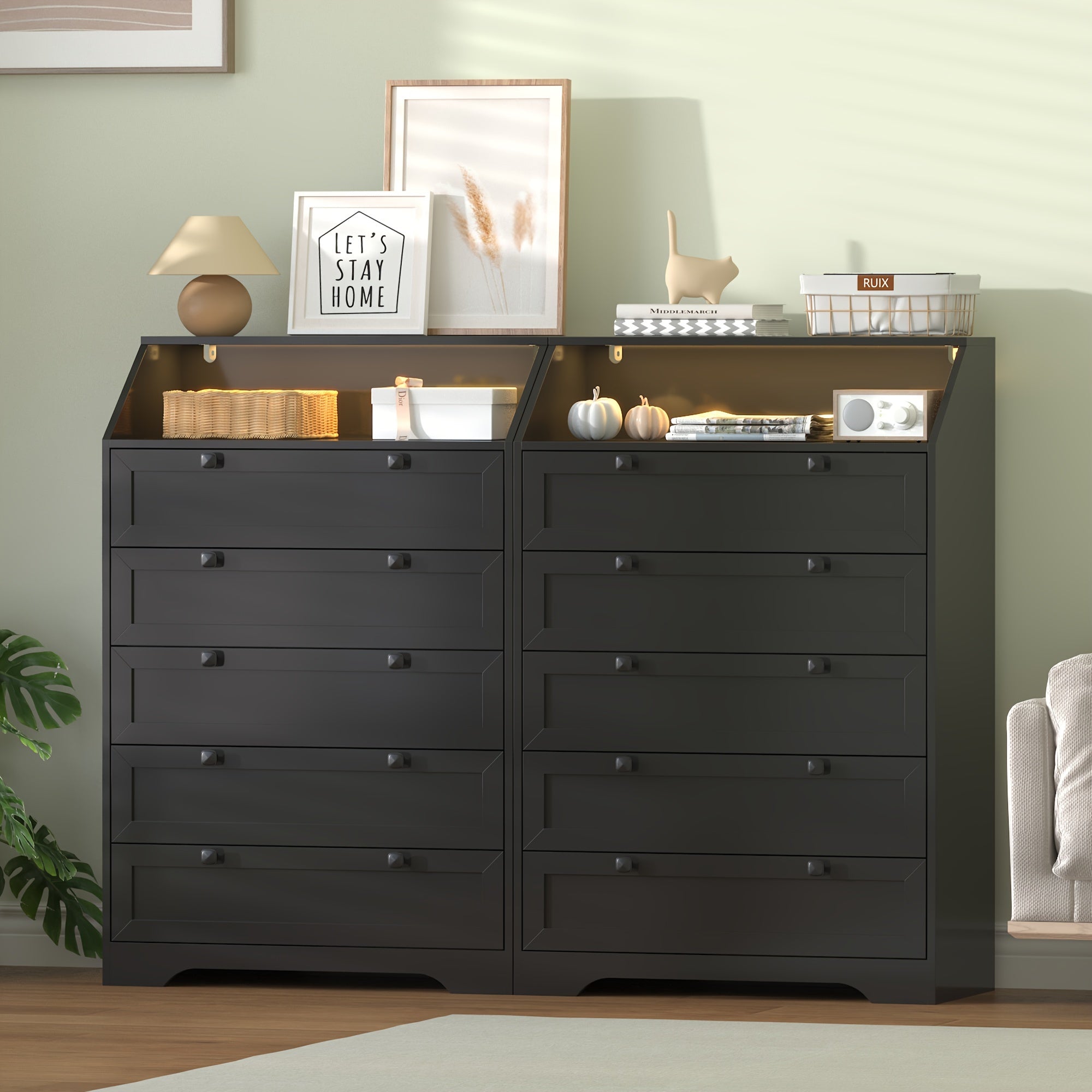 Elegant 5-Drawer LED Dresser with Charging Station - Classic Black Wooden Chest of Drawers, Deep Storage & Organization for Bedroom, Living Room, Hallway, with Illuminated Top Display, Hallway Furniture|Classic Dresser Design